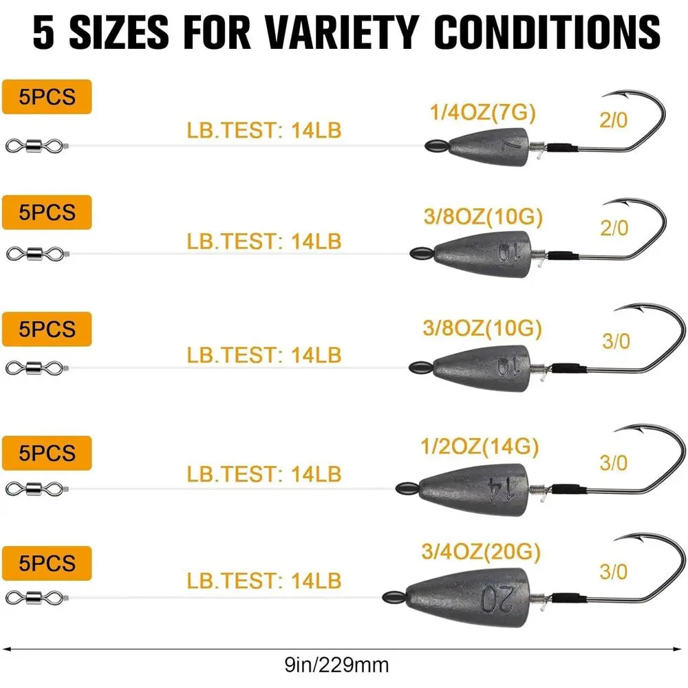 Bass Fishing Kit: 5pcs Texas Rigs with 2/0 & 3/0 Hooks, Swivels, Fluorocarbon Line & Various Weights