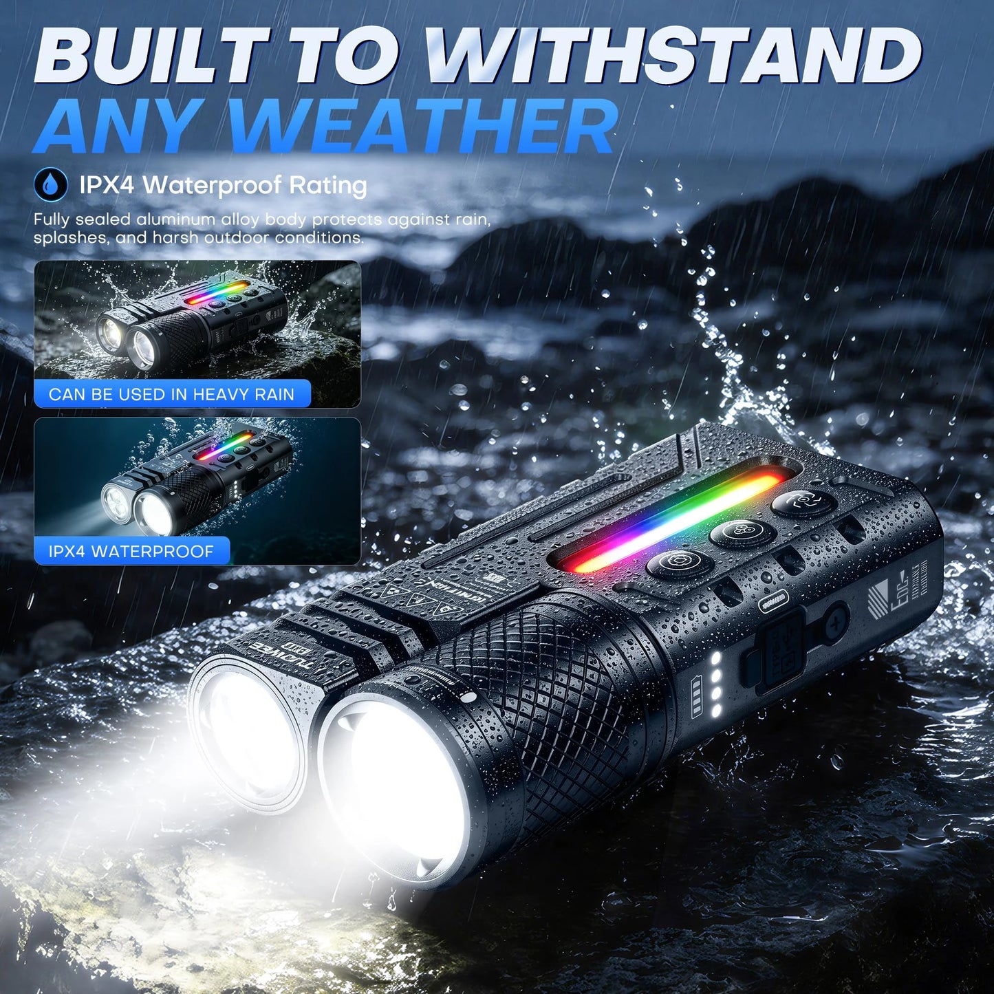 IPX4 Waterproof 3000LM Zoomable Tactical Flashlight, USB-C Rechargeable Dual Light Flashlight with RGB Light, Multi Modes EDC Torch for Outdoor Camping Emergency