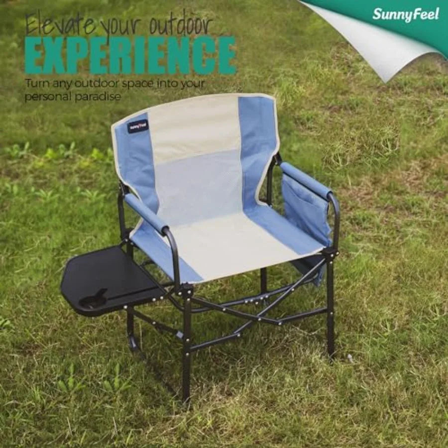 Oversized Camping Directors Chair for Outdoor Use, Heavy Duty Steel Frame with Black Fabric, Portable Folding Design with Side