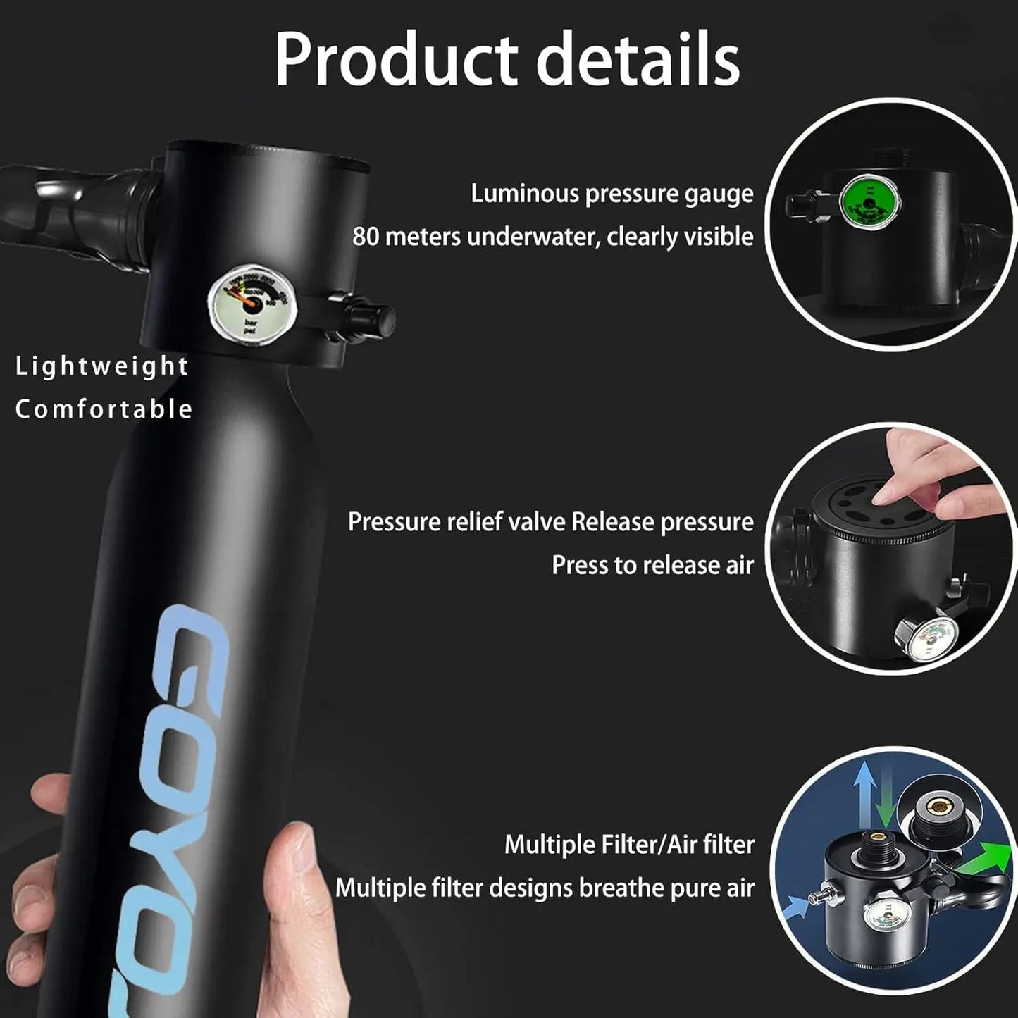 GOYOJO Mini Scuba Tank 0.5L with Hand Pump, Portable Diving Tank Up to 12 Minutes Breathe, Lung Tank Kits with 3000 PSI Max Pressure for Underwater Breathing Training Reusable Pony Bottle