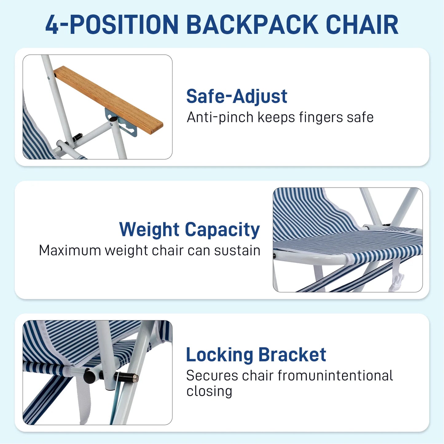 4-Position Adjustable Backpack Beach Chair, Foldable Rustproof Aluminum Frame Lounge Chair with Wooden Armrest, Side Storage Pockets & Detachable Pillow, 24"×22"×37" Outdoor Patio Camping Lawn Chair Holds up to 265 LBS, Blu