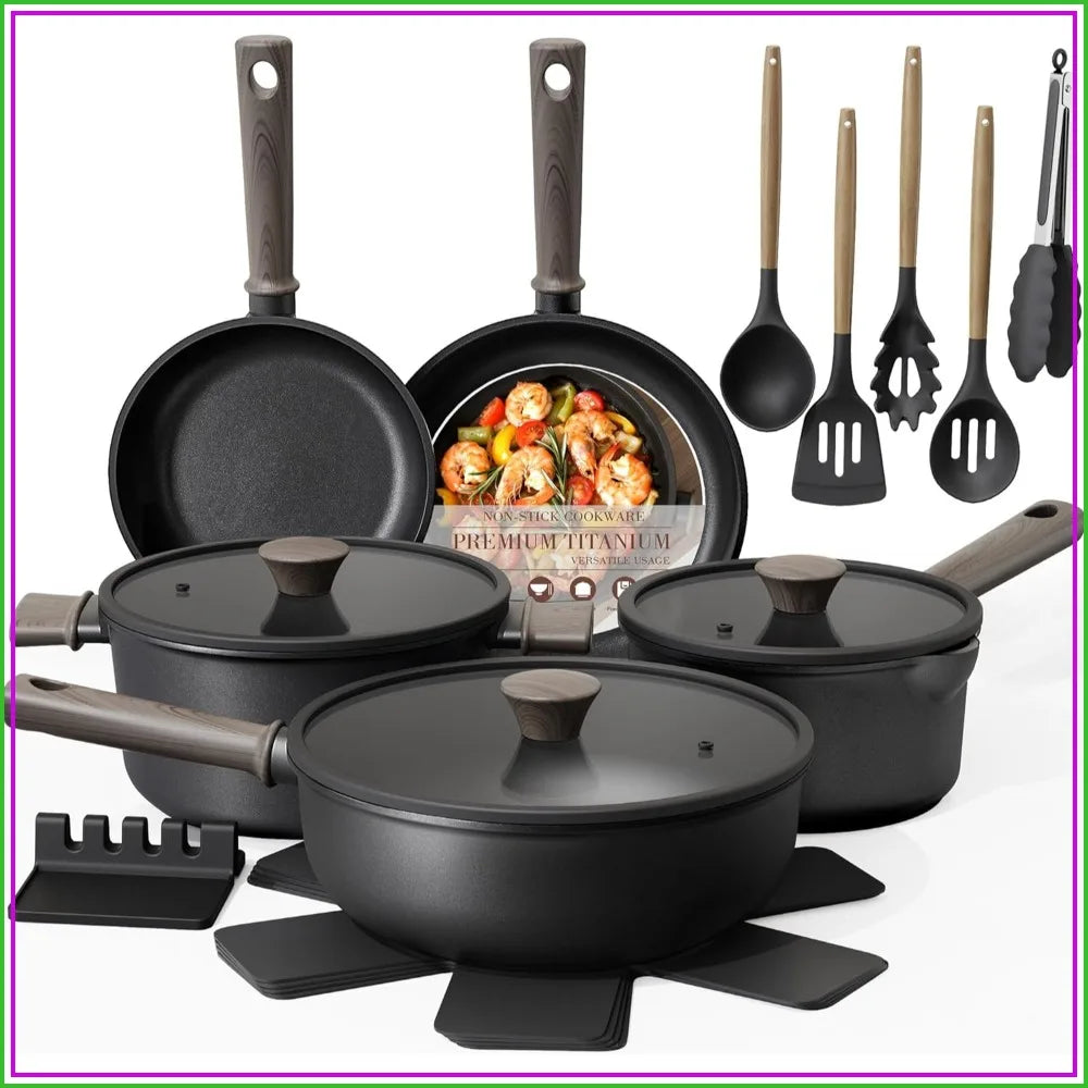 19 Pcs Pots and Pans Set Non Stick, Black Titanium Induction Cookware, PTFE PFOA PFOS Free