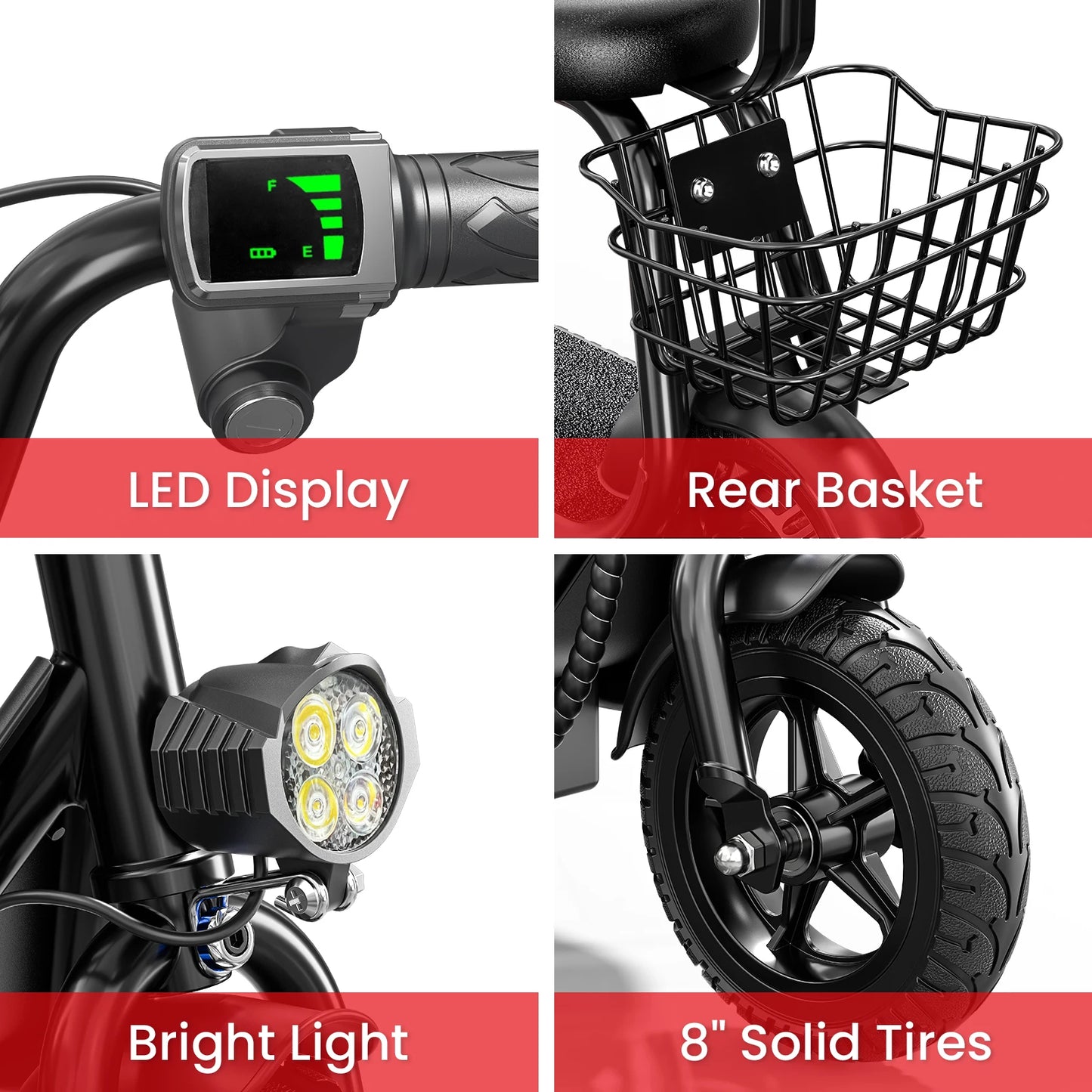 Spacewalk Kids Electric Scooter with Bluetooth Speaker Foldable Design Seat Carry Basket LED Light Strip 11MPH Speed 132lbs Max