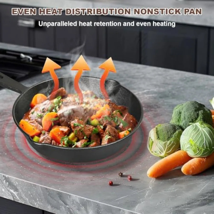 Pre-Seasoned Cast Iron Skillets, 4-Piece Durable Cookware Set in Black with Heat-Resistant Handle Covers for Grill, BBQ, Campin