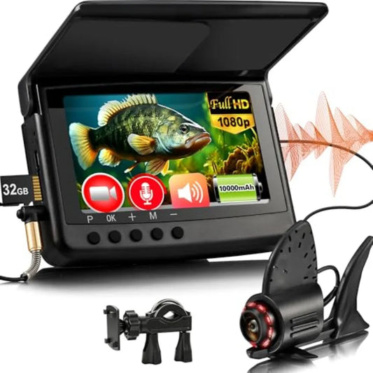 2026 NEW Audio+Video Record HD1080P Ice Fishing Camera w/DVR 32GB, 10000mAh, 5'' OLED, IR, Portable Underwater Fish Finder for