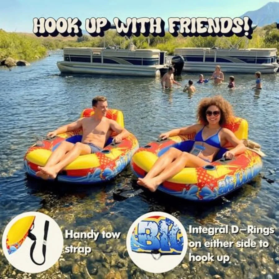 Heavy Duty Inflatable River Tube Float for Adults Fabric Covered Pool Lake Lounger Raft with Backrest Cup Holder Durable PVC Un