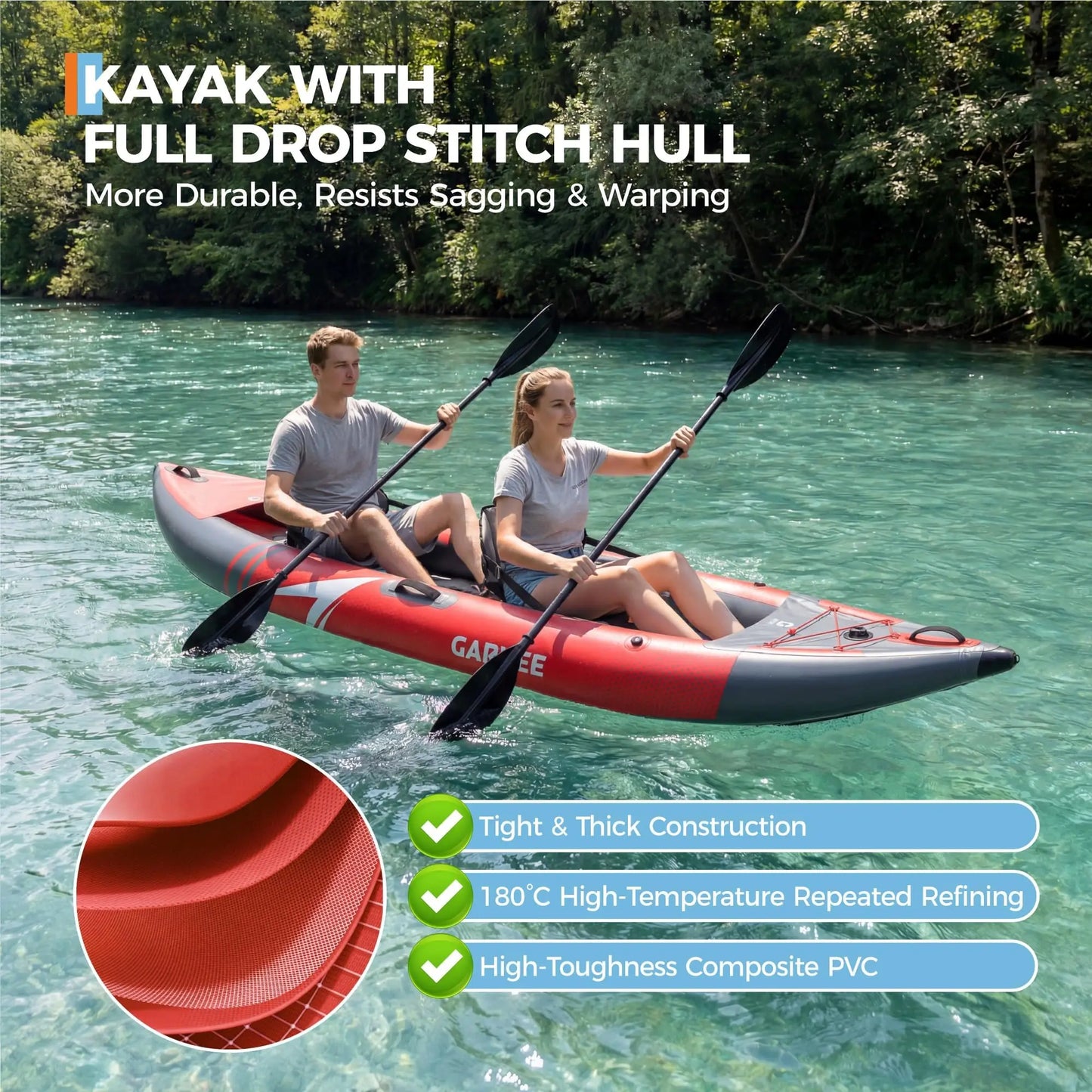 12.5FT 2 Person Drop Stitch Inflatable Kayak, 450 LBS Load Portable Inflatable Touring & Fishing Kayak for Adults, Complete Kit with 2 Padded Seats, 3 Tracking Fins, Carry Bag & Repair Patch Kit