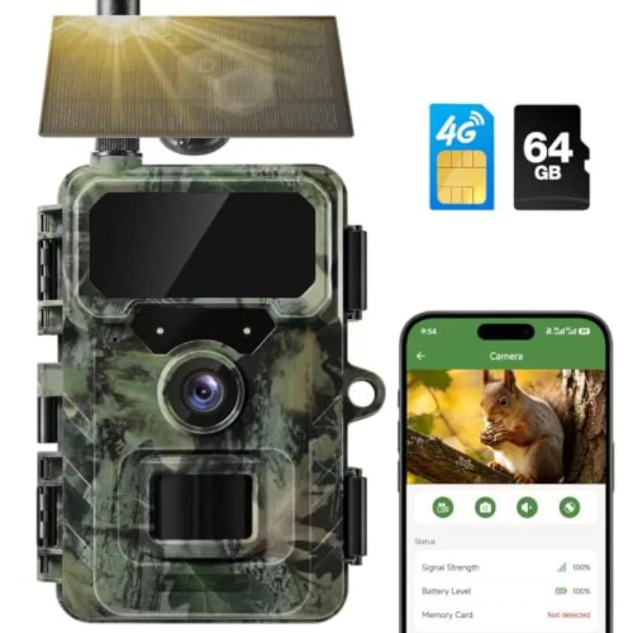 Cellular Trail Camera for outdoor wildlife monitoring, solar-powered 64MP 2K HD with 4G LTE live streaming, black night vision