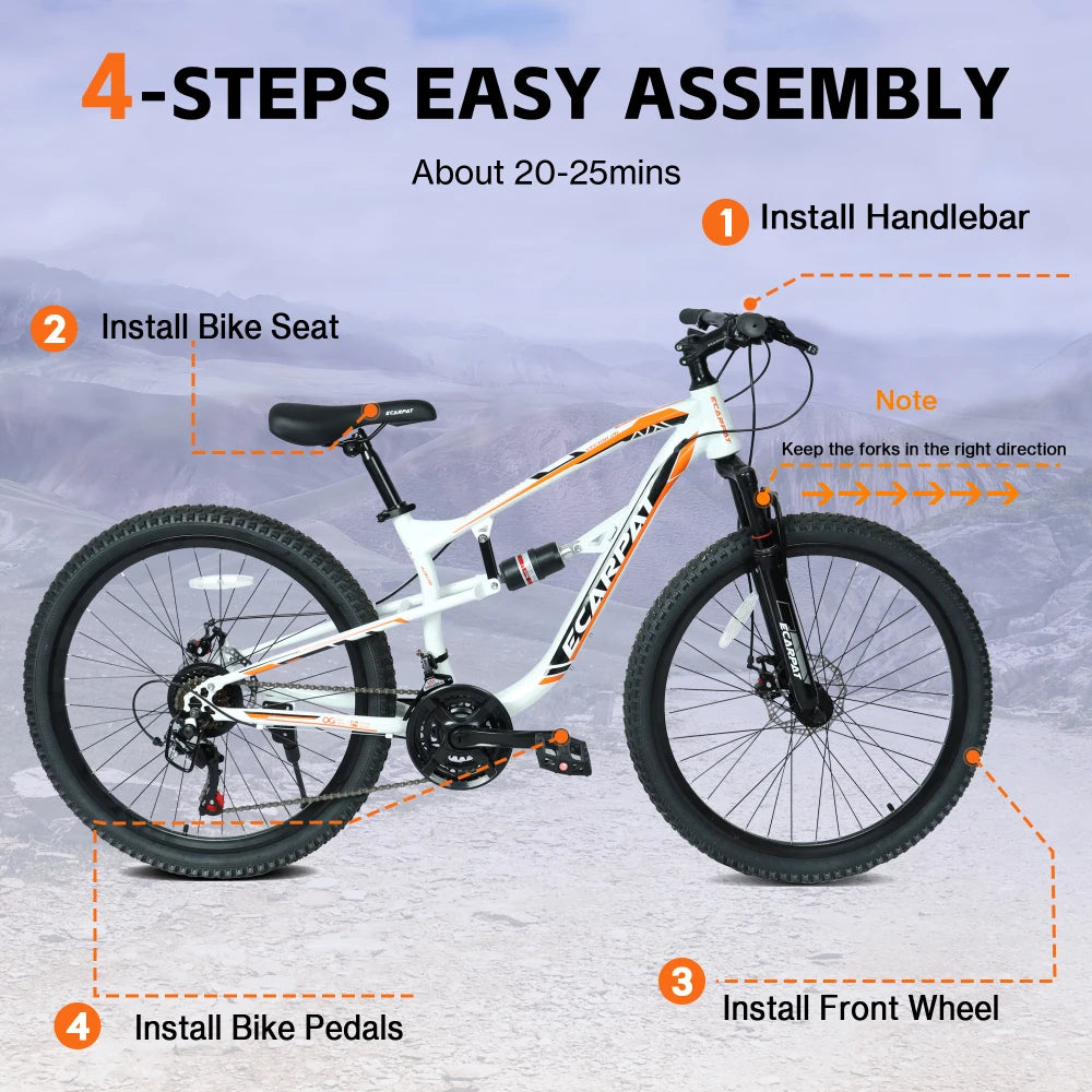 26 Inch Mountain Bike with 21-Speeds & Full Suspension Steel Frame, Alloy Rims, Disc Brakes For All Terrains, Men & Women, Multiple Colors