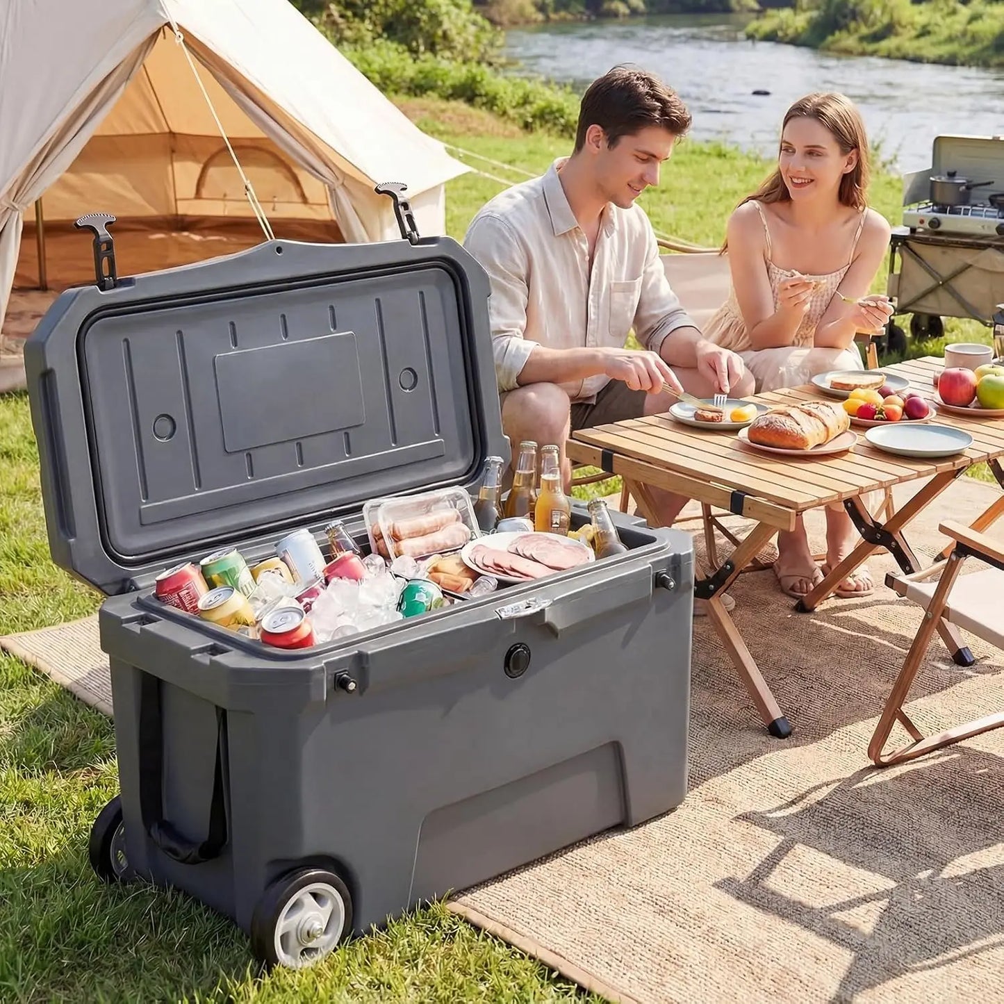 Portable Hard Cooler with 6-Day Ice Retention, Rolling Ice Chest, Telescoping Handle, Wheels, Dual Cup Holders,, Custom