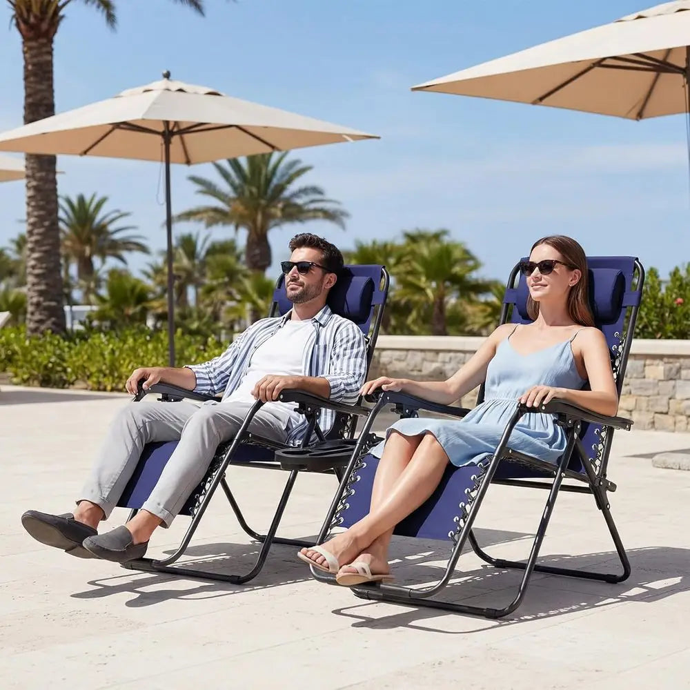 Zero Gravity Lounge Chairs Set o 2, Adjustable Steel Mesh Recliners with Pillows and Cup Holder Trays or Patio, Garden, Beach, N