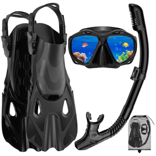 Snorkeling Gear for Adults, Mask Fin Snorkel Set, Dry Top Snorkel Mask, Panoramic View Anti-Leak Anti-Fog 3 in 1 Snorkeling Kit