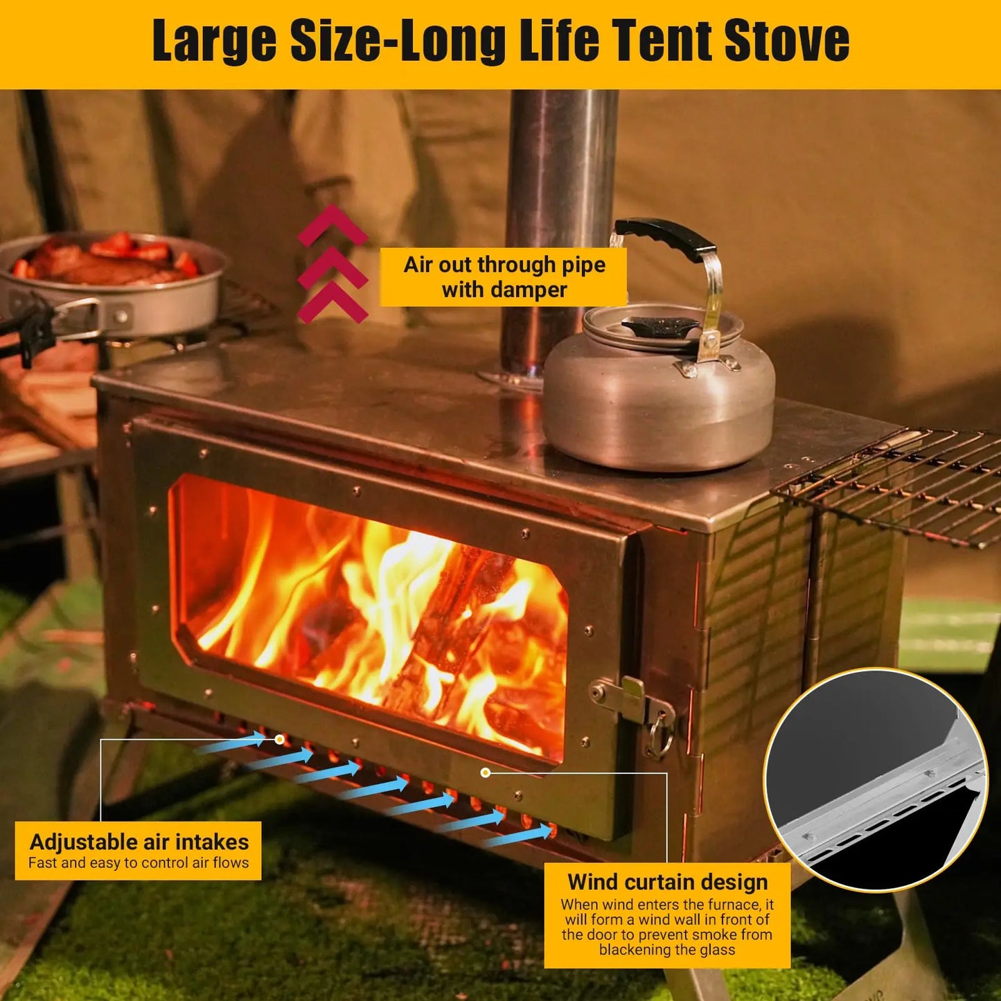 Portable Hot Tent Stove,Wood Burning Stove for Camping, Tent Stove With View Glass, Large Stainless Steel Camping Stove With 5 Chimney Pipes and 3 Shelfs for Outdoor Heating and Cooking