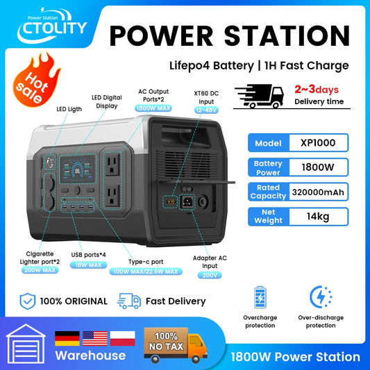 1800W Portable Power Station 1024Wh LiFeP04 Battery Solar Generator Solar for Camping UPS function Pure Sine Wave