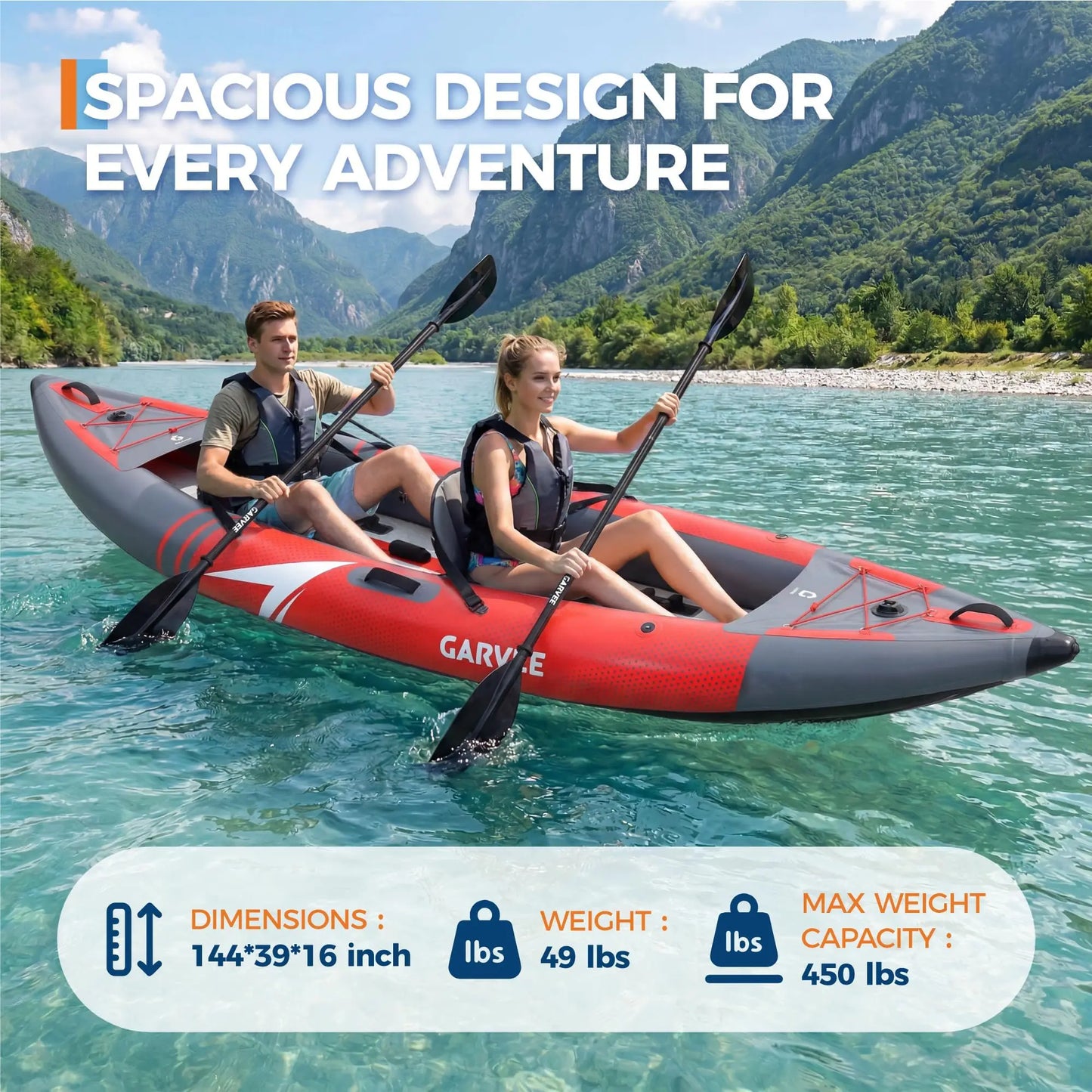 12.5FT 2 Person Drop Stitch Inflatable Kayak, 450 LBS Load Portable Inflatable Touring & Fishing Kayak for Adults, Complete Kit with 2 Padded Seats, 3 Tracking Fins, Carry Bag & Repair Patch Kit
