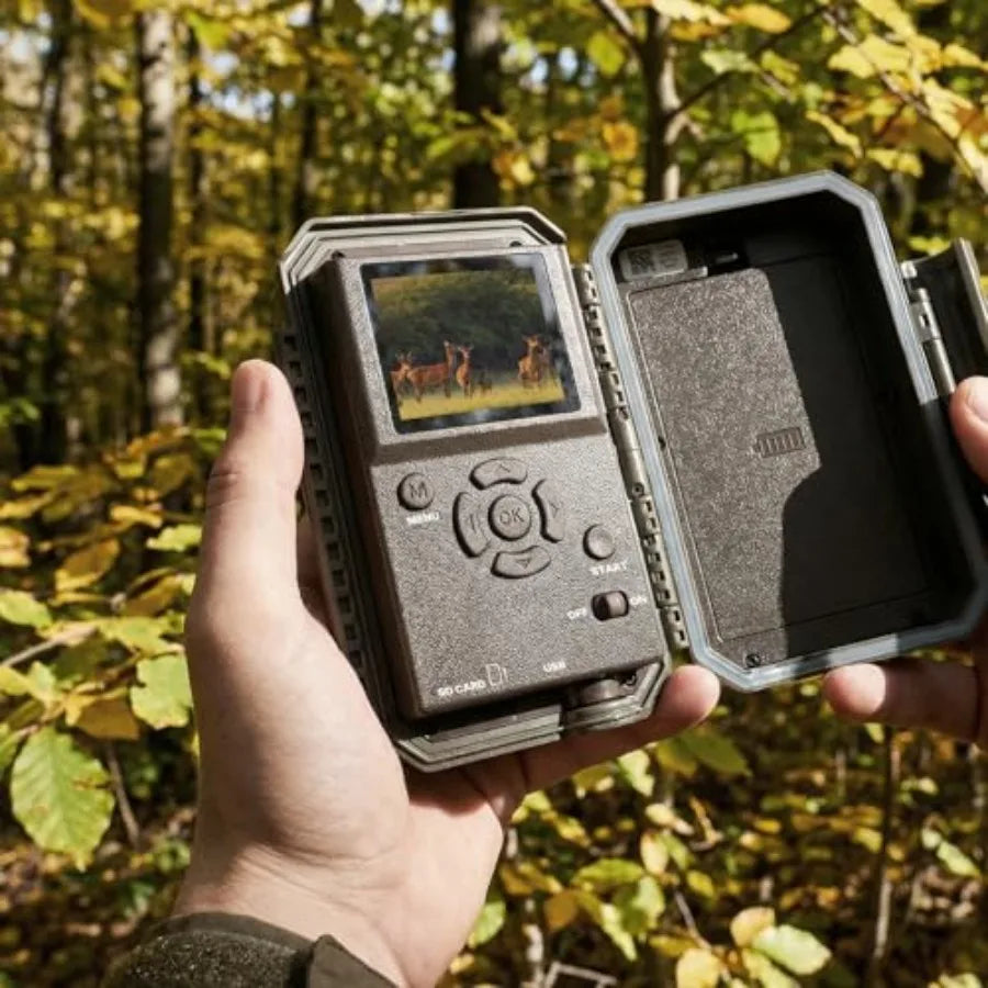 Wildlife hunting trail camera for outdoor use, rugged waterproof plastic body, black color, 64MP resolution with no-glow IR nig
