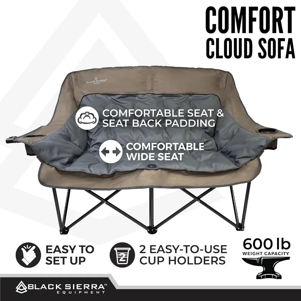 Double Camping Chair for Adults, Oversized Folding Loveseat Supports 600 lbs, Plush Padded Outdoor Couch with Cup H