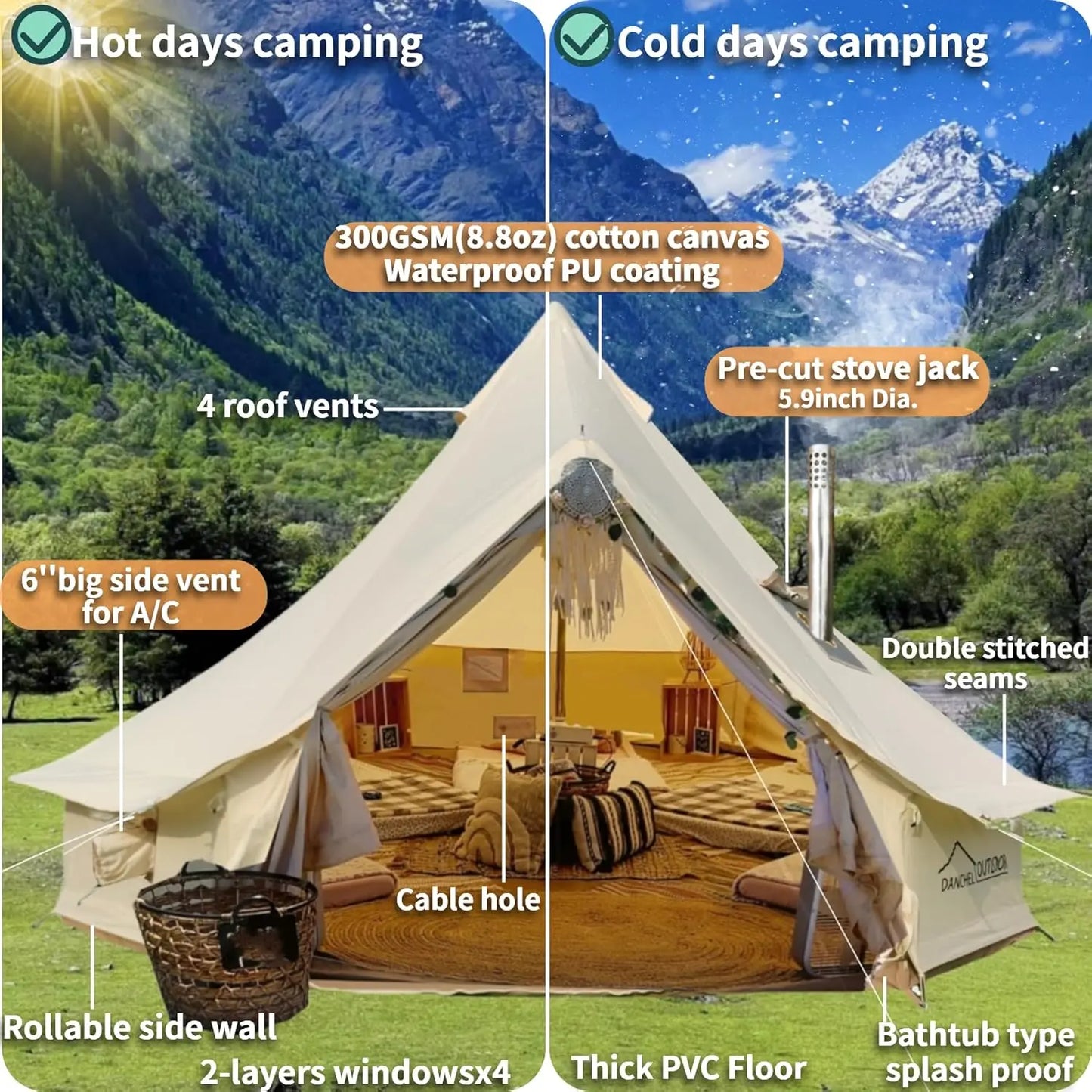 USA Warehouse B5 Cotton Canvas Bell Tent with Stove Jack 4/5/6m Waterproof  Hot Tent Glamping Houses in Winter Large Yurt Tent