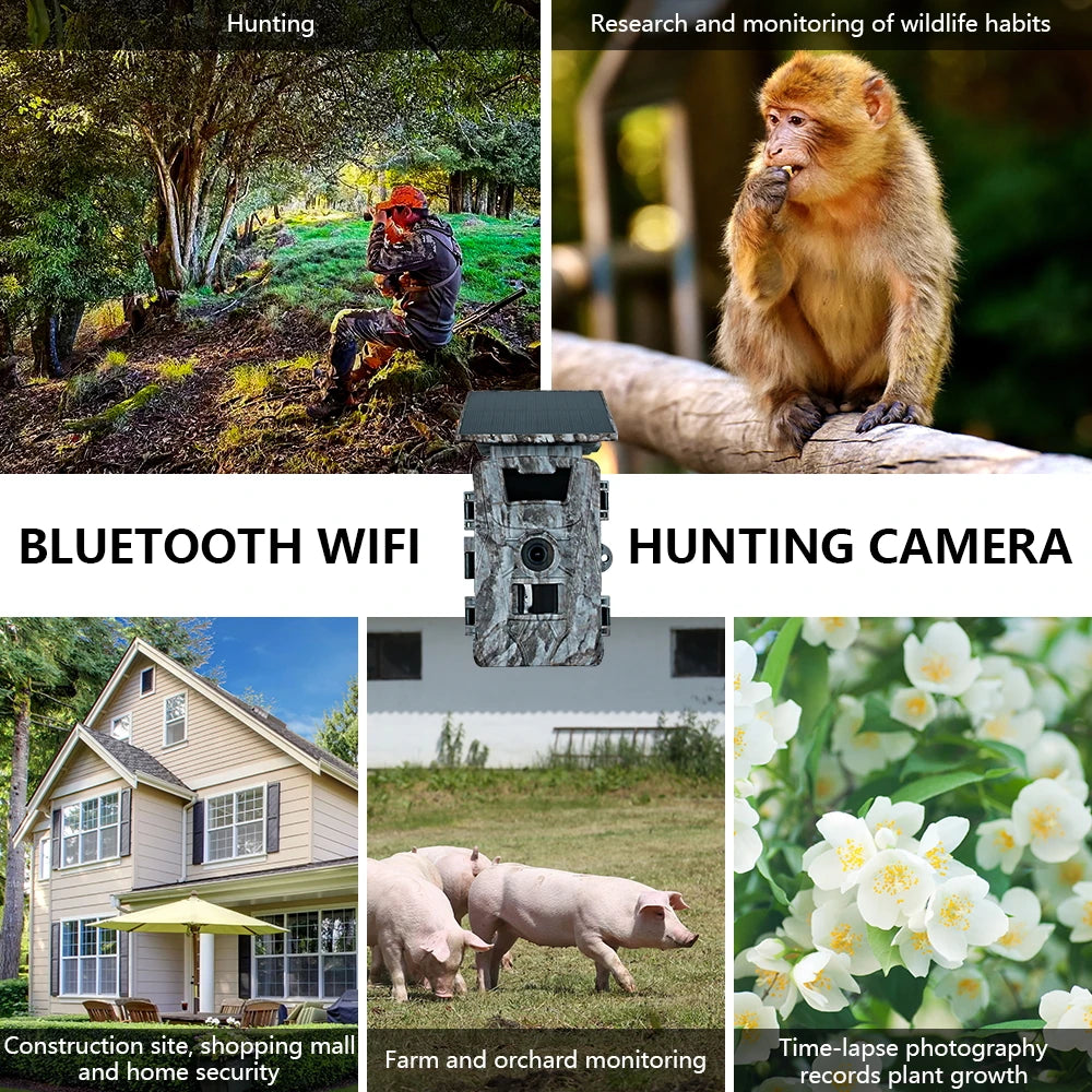 Solar Wildlife WiFi Cameras 60MP 4K Video Trail Camera App Control 0.2s Motion Activated Hunting Monitoring with 5200mAh Battery
