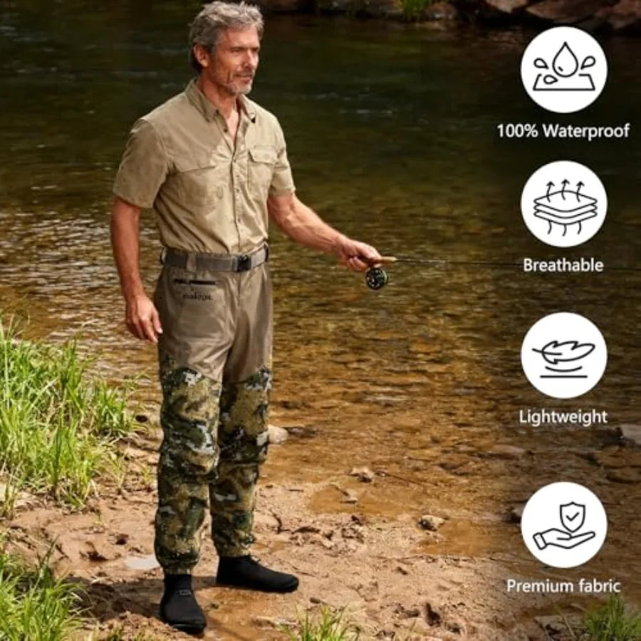 Camo Outdoors Breathable Stockingfoot Waist High Fishing Waders in Olive Green with Quick-Dry Fabric and Reinforced Sole for En