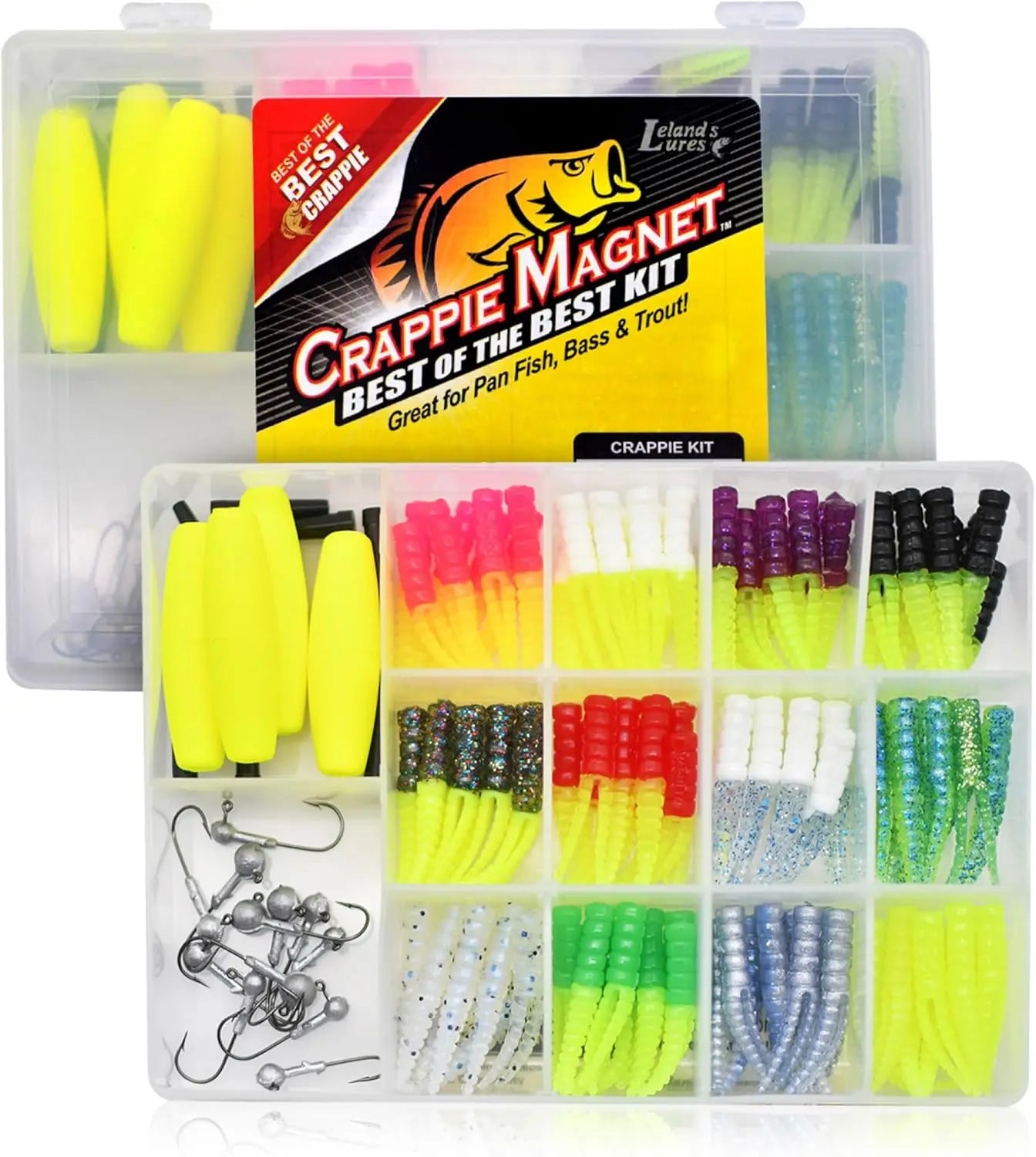 Crappie Magnet Best Kit: 96 Bodies, 15 Jig Heads, 4 Floats - Vertical Fishing Lures for Crappie