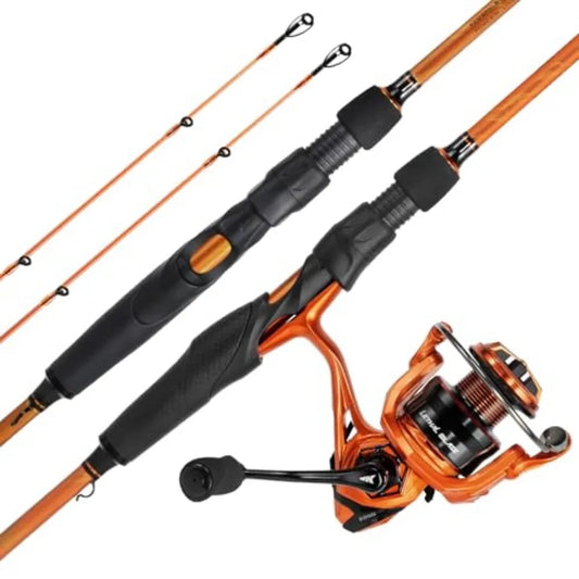 Twin-tip fishing rod and reel combo for spinning and baitcasting, IM6 graphite 2pc rod with flame pattern design, stainless-ste