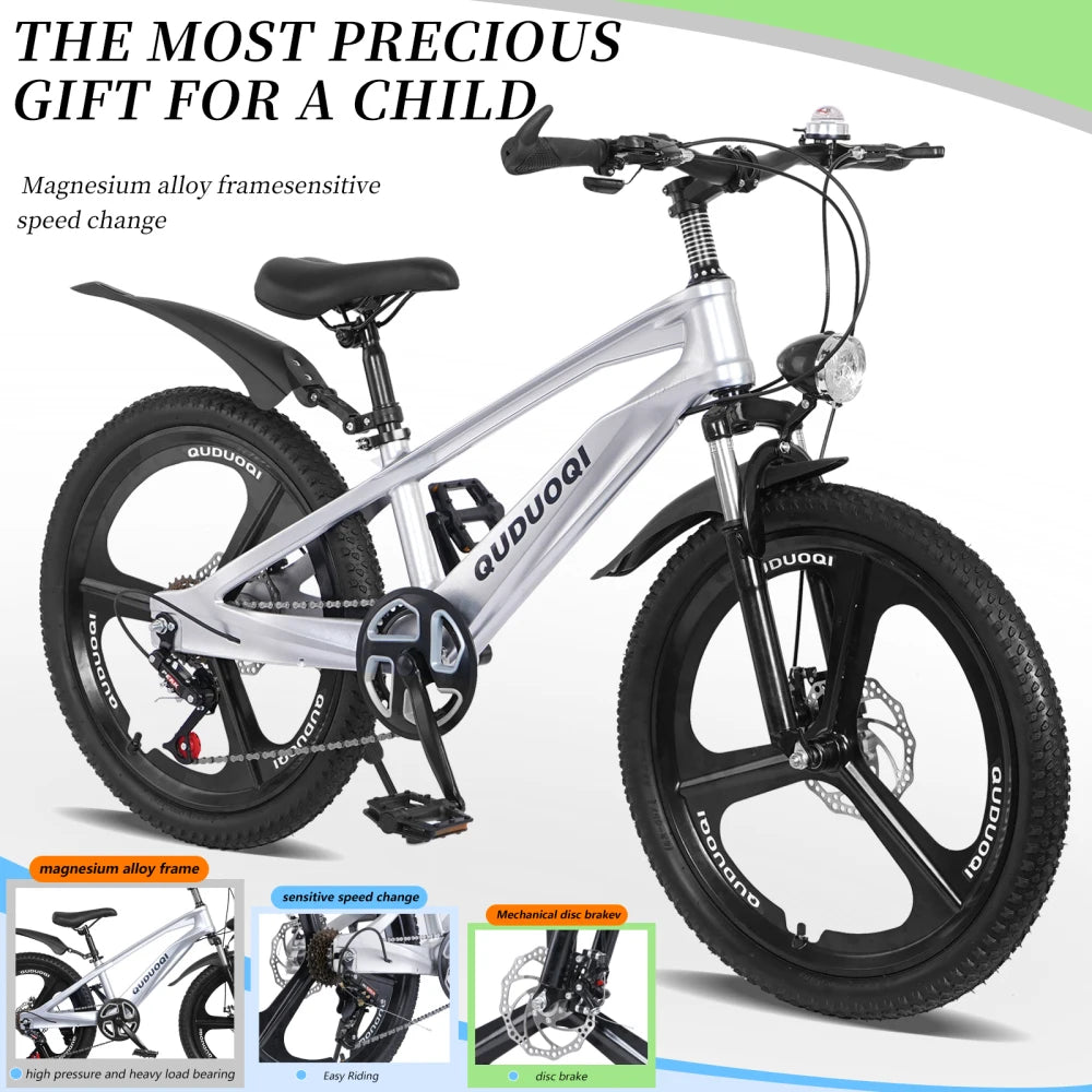 Ye FKZNPJ 20 Inch 7-Speed Kids Mountain Bike with Magnesium Alloy Frame & One-Piece Wheels, Lightweight Bicycle for 8 - 12 Year Old Boys and Girls