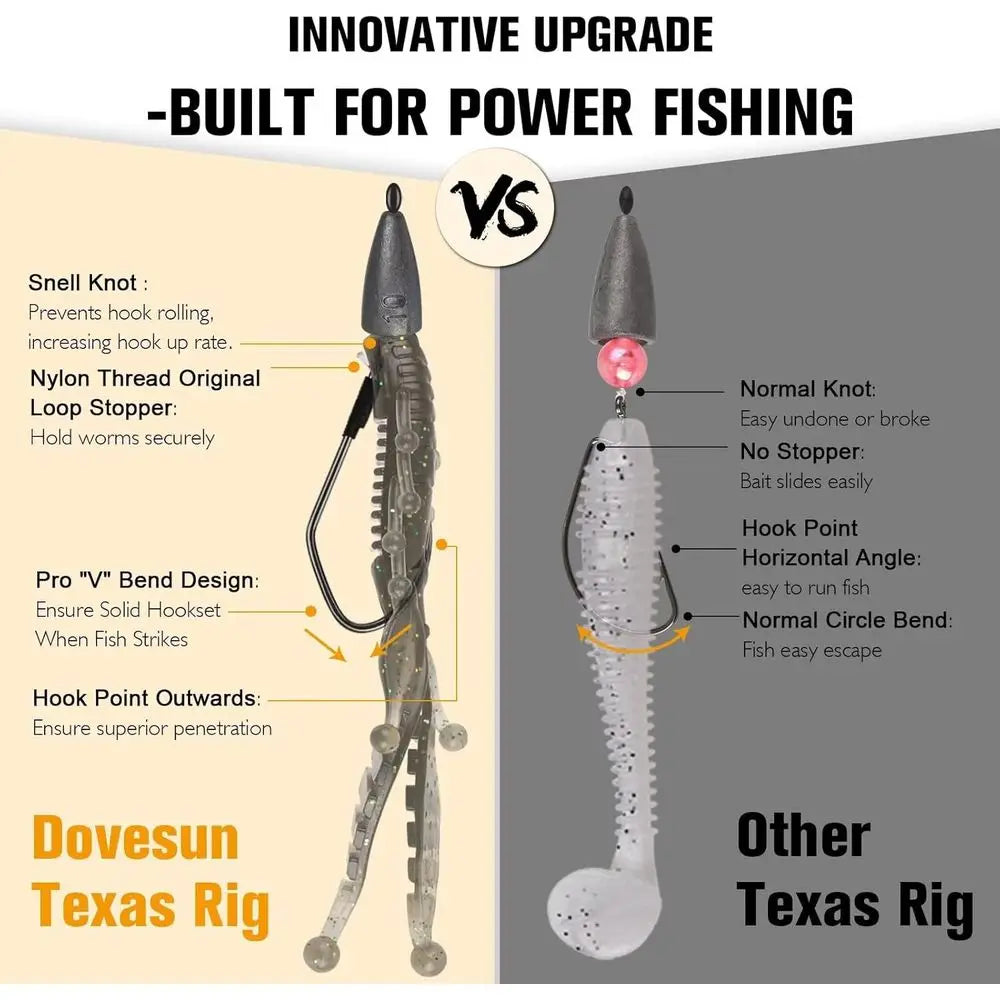 Bass Fishing Kit: 5pcs Texas Rigs with 2/0 & 3/0 Hooks, Swivels, Fluorocarbon Line & Various Weights