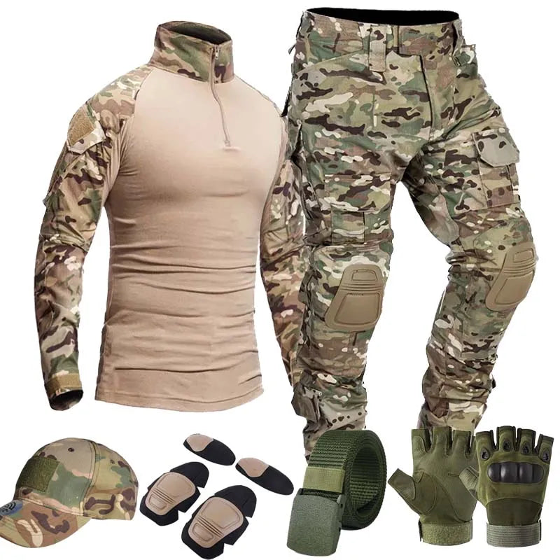 Tactical Combat Tops + Cargo With Caps and Gloves Pants Suit Multiple Training Kits Camo Airsoft Hunting Clothes CP
