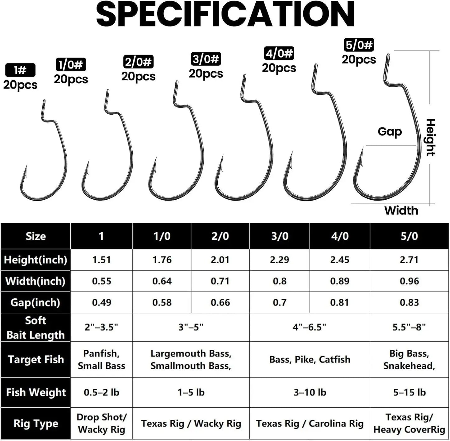 50/100/120pcs EWG Fishing Hooks, Bass Offset Worm Hooks for Freshwater Saltwater Sizes 4-5/0