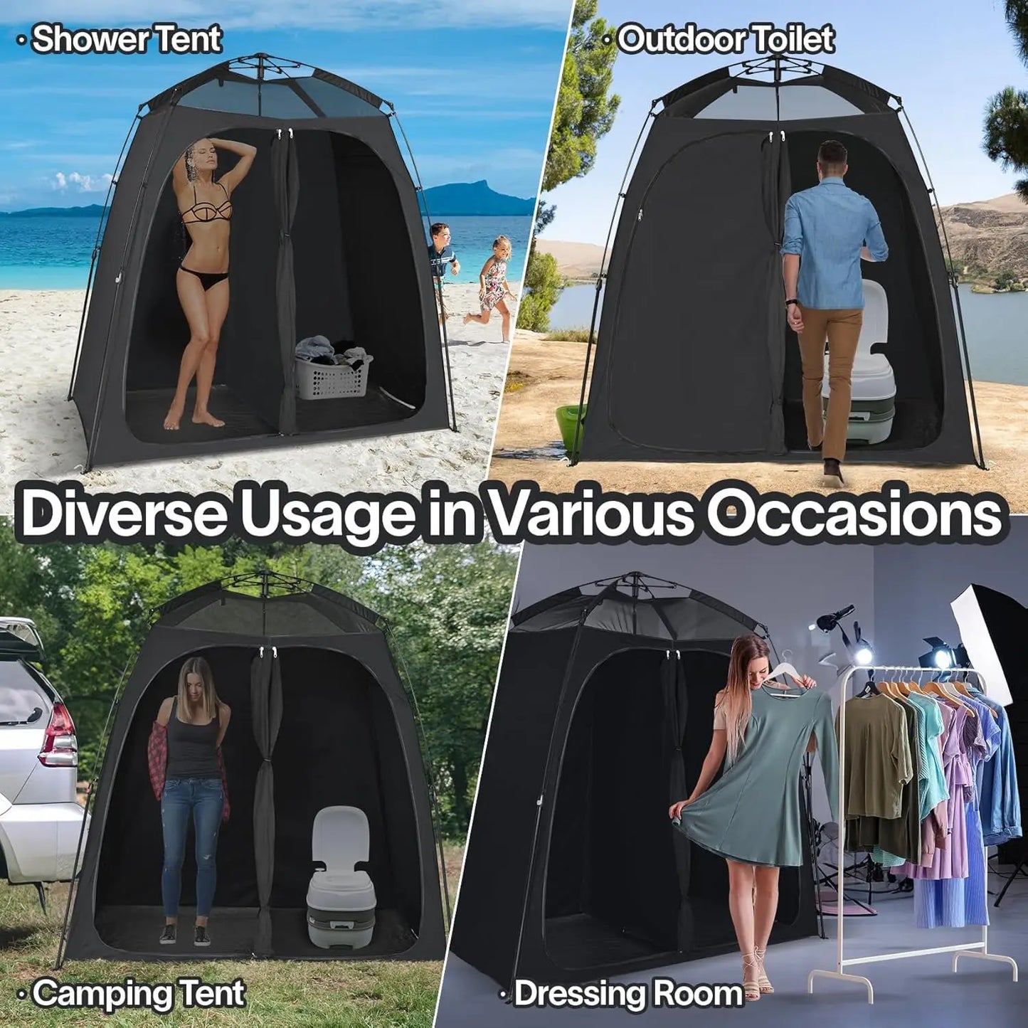 Portable Pop-Up Shower Tent With Floor Dual Doors Privacy Shelter For Camping Beach Changing Toilet