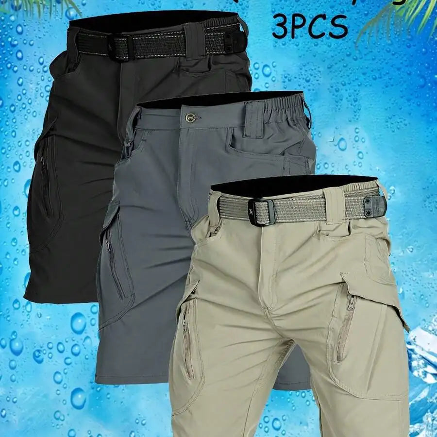 3pcs Mens Quick-Dry Tactical Cargo Shorts Outdoor Hiking Lightweight Breathable Elastic Waist
