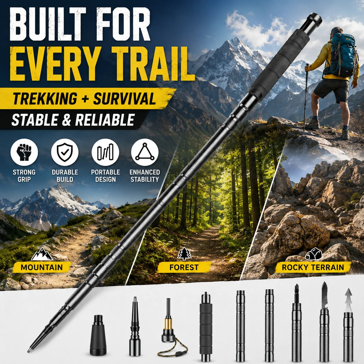 Adjustable 106CM Outdoor Walking Stick, Telescopic Lightweight Hiking Trekking Pole, Non Slip Comfort Grip Travel Camping Equipment, Durable Portable Climbing Support Tool for Outdoor Adventures & Daily Walks