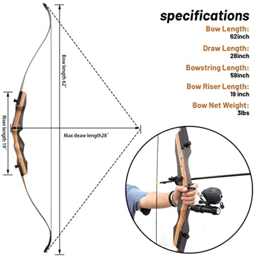 62 Hunting Recurve Bow Archery Set for Adults 25-50lbs Right Hand with 3pcs Bow Fishing Arrows in Black and Yellow