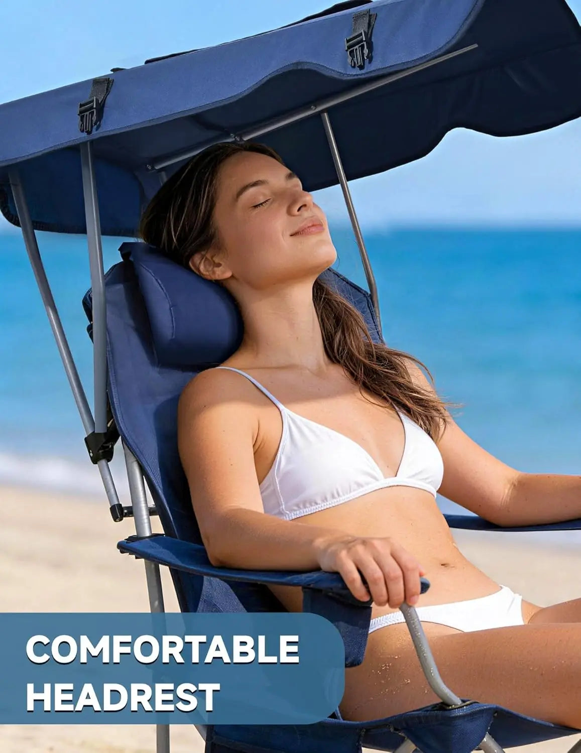 25" High Back Folding Beach Chair with Canopy Shade, Cup Holder, Side Pocket, 330 lbs Heavy Duty for Outdoors
