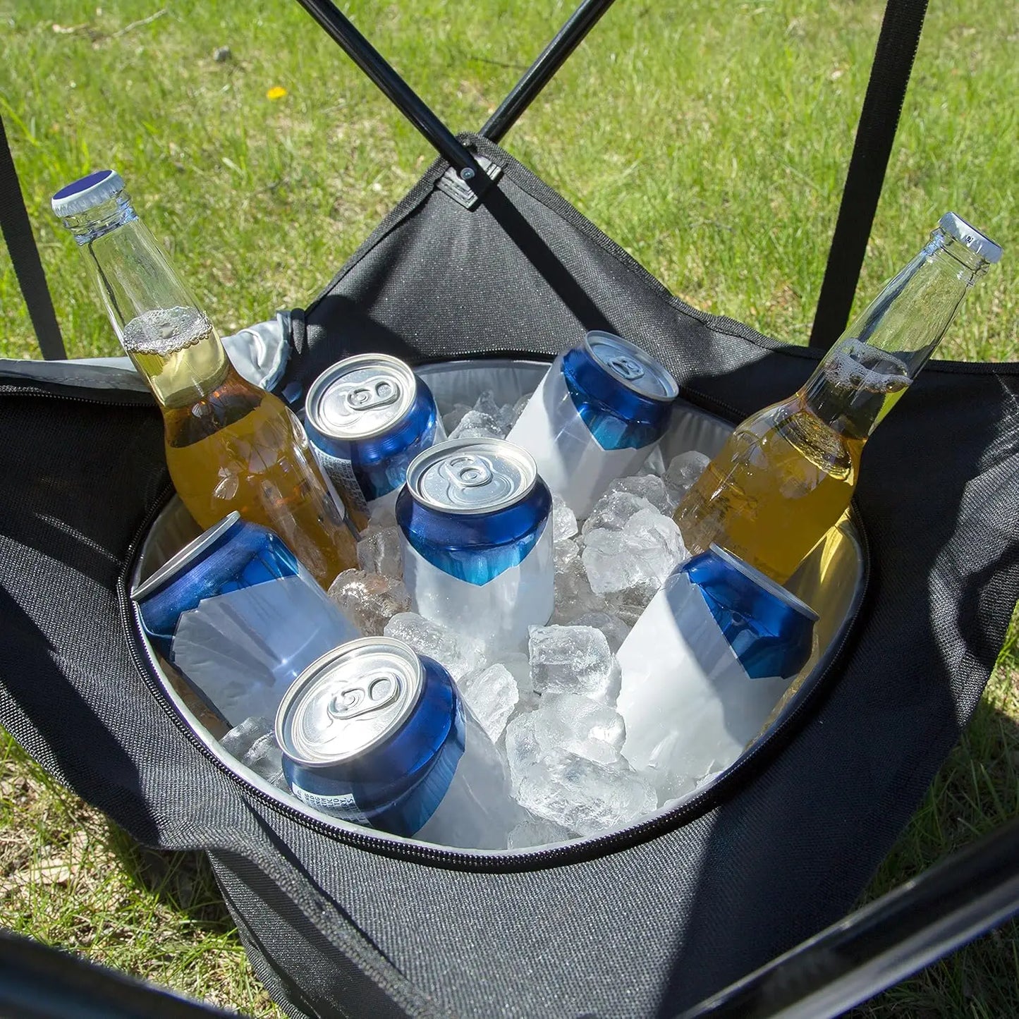 All-in-One Portable Folding Camping Table with Insulated Cooler, Cup Holders & Food Basket for Outdoor BBQs, Beach & Camp Trips