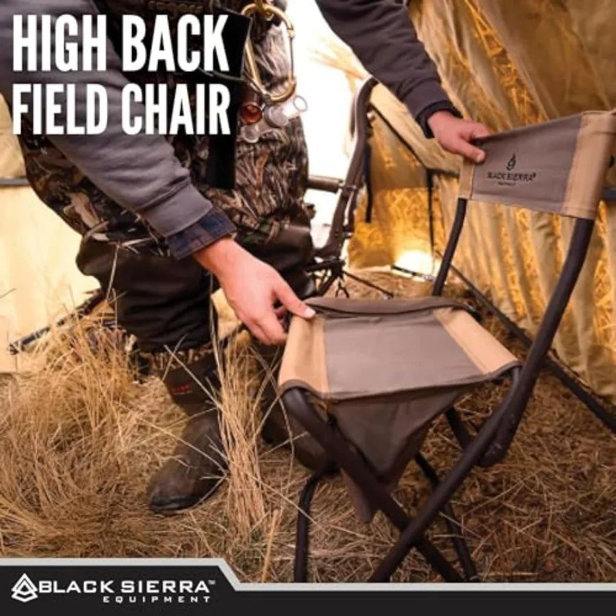 Black Sierra Folding Hunting Stool w/Under Seat Storage Pouch and Carry Strap, Lightweight Portable Hunt Chair w/Backrest, Heav