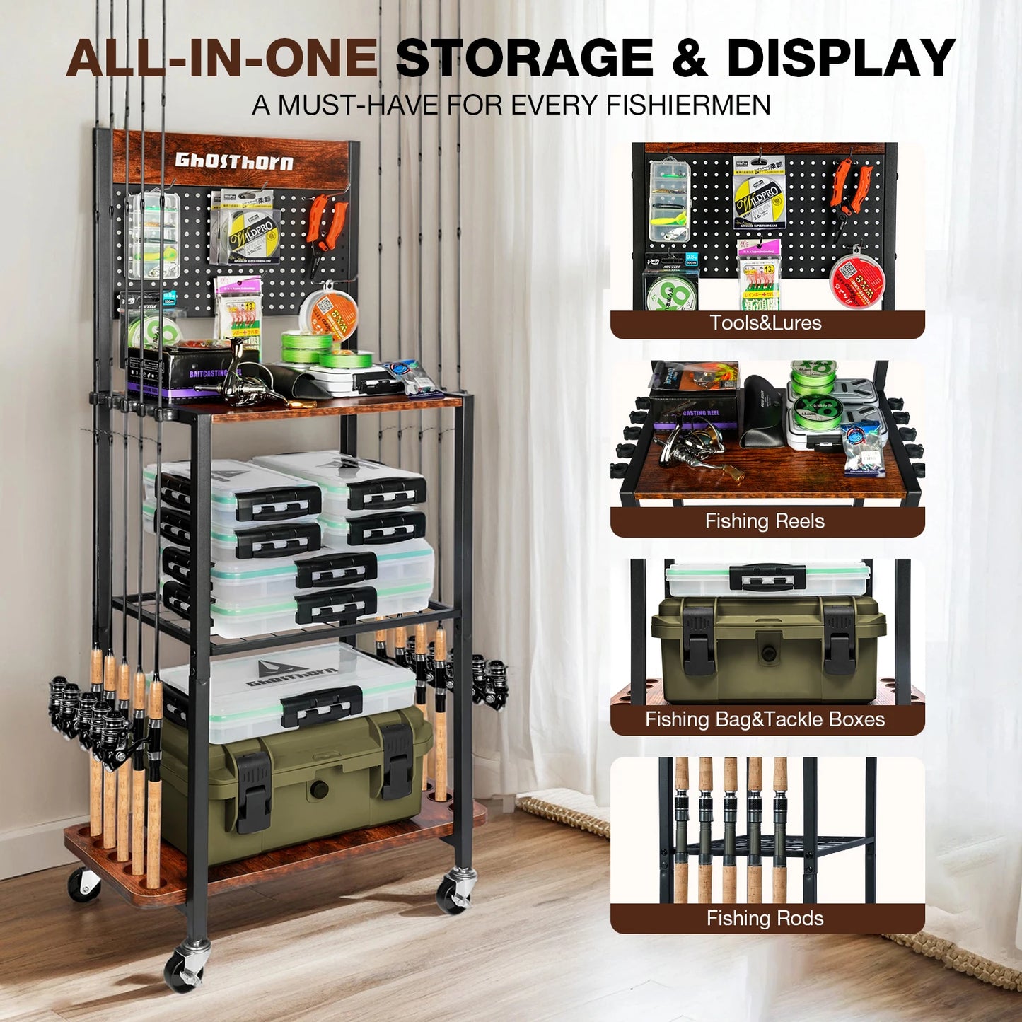 Backplate Iron-Wood Fishing Rod Rack, Multi - Layer Storage, Rolling Cart, Ideal for Fishing Gear Organization