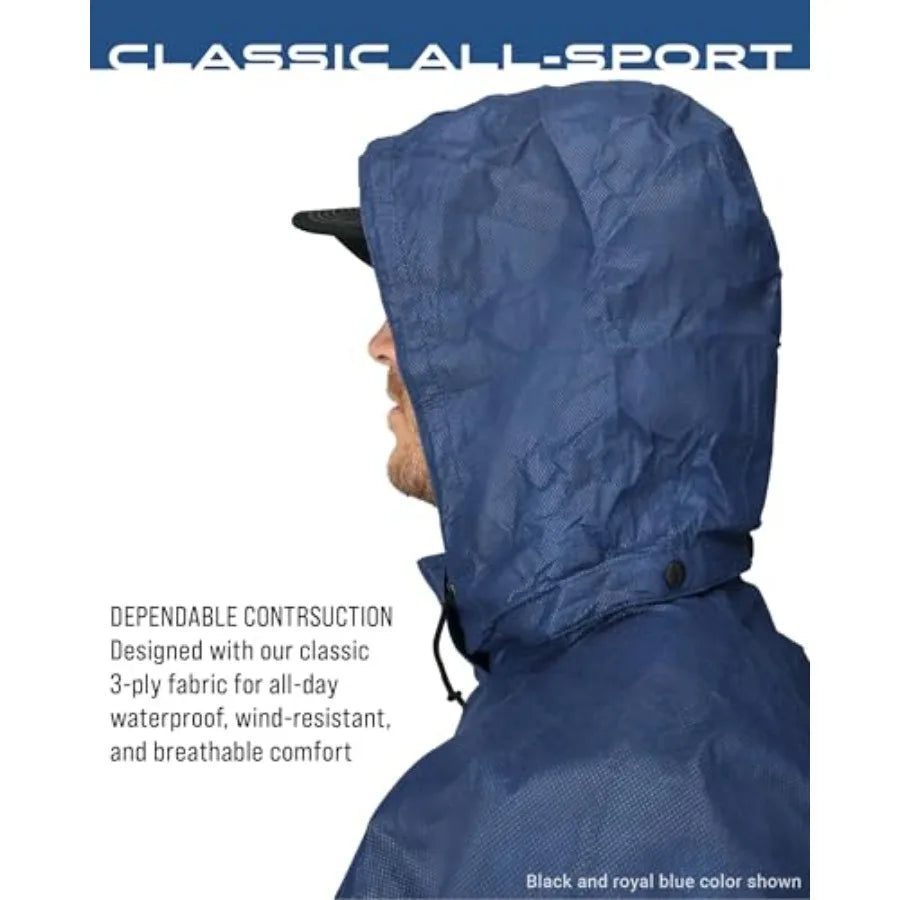 Men's Classic All-Sport 3-Layer Waterproof Breathable Rain Suit for outdoor activities, nylon-polyester blend, black, fully tap