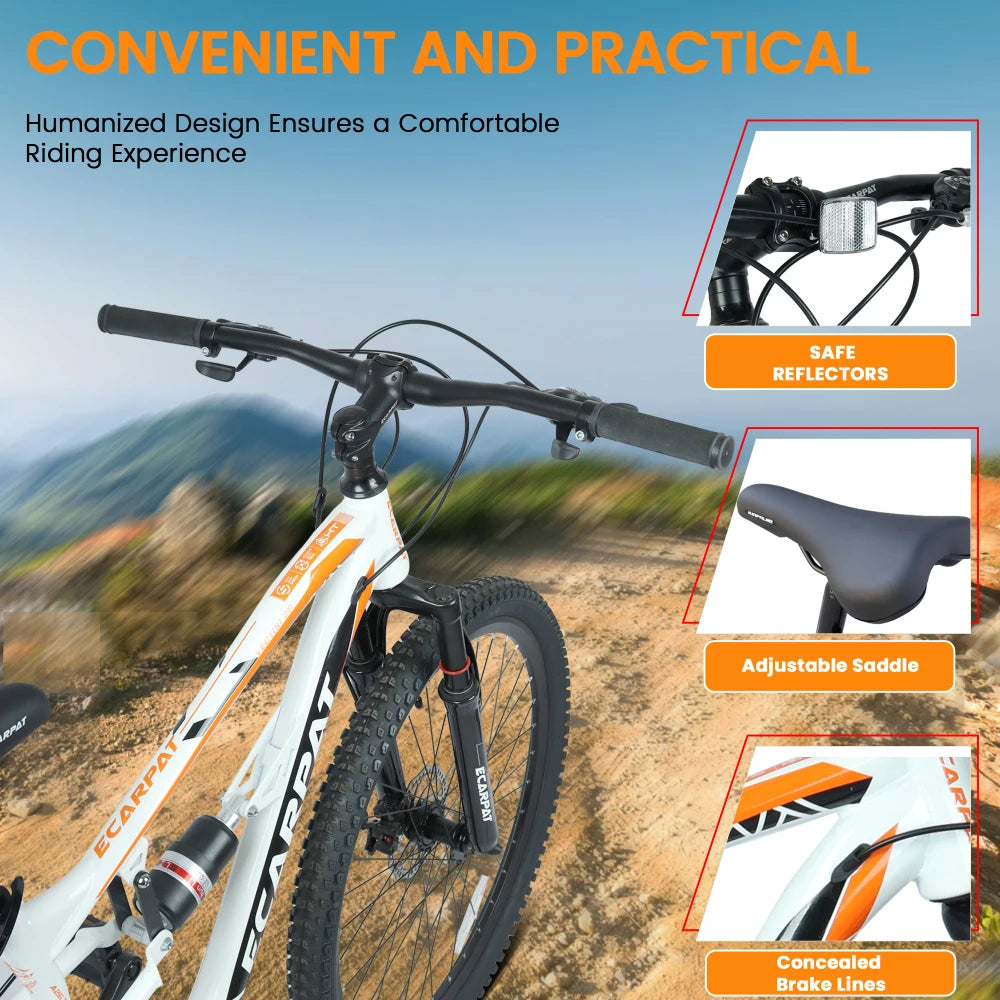 26 Inch Mountain Bike with 21-Speeds & Full Suspension Steel Frame, Alloy Rims, Disc Brakes For All Terrains, Men & Women, Multiple Colors