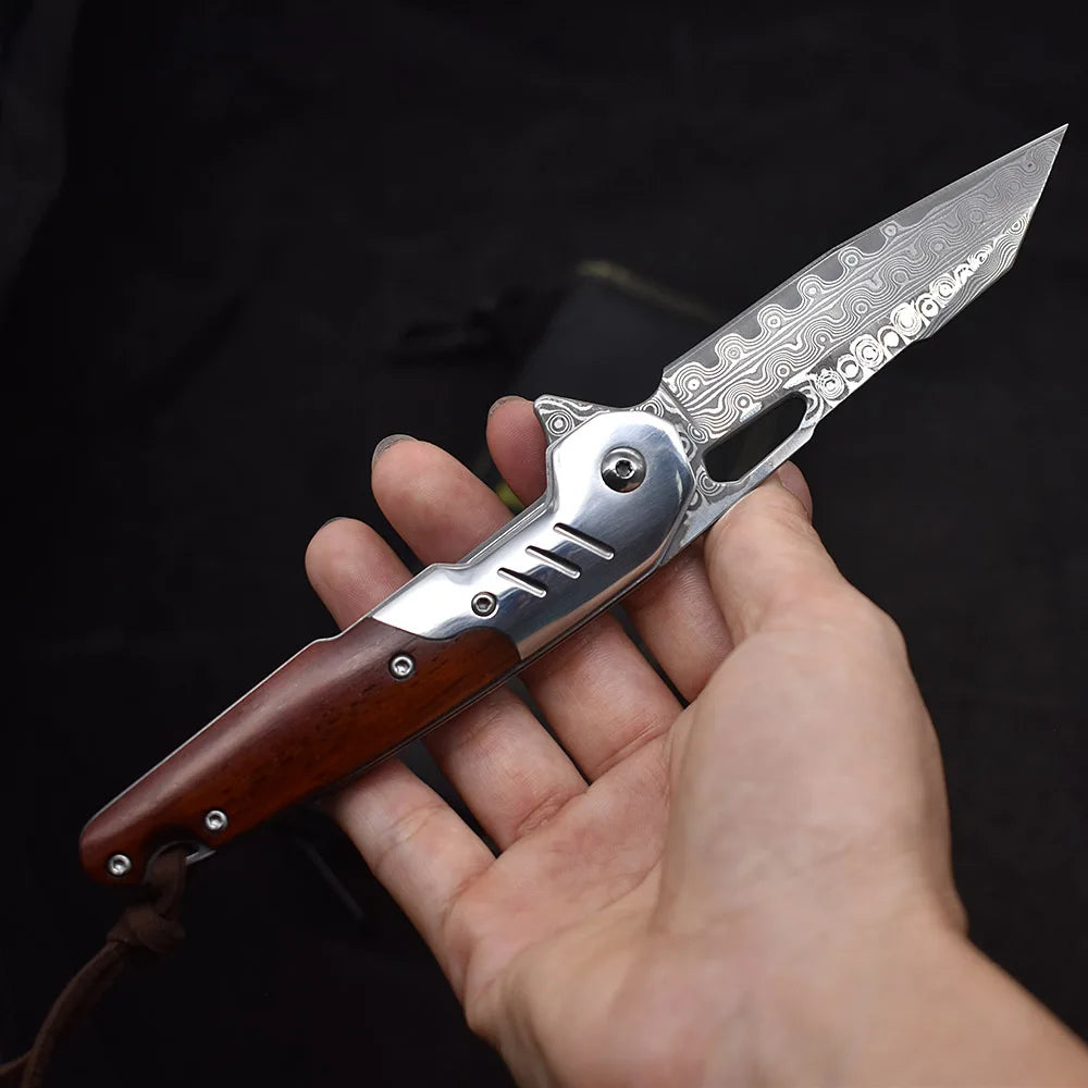 Damascus Steel Rosewood+steel Handle Ball Bearing Knife Outdoor Fishing Hiking Portable Pocket Knife