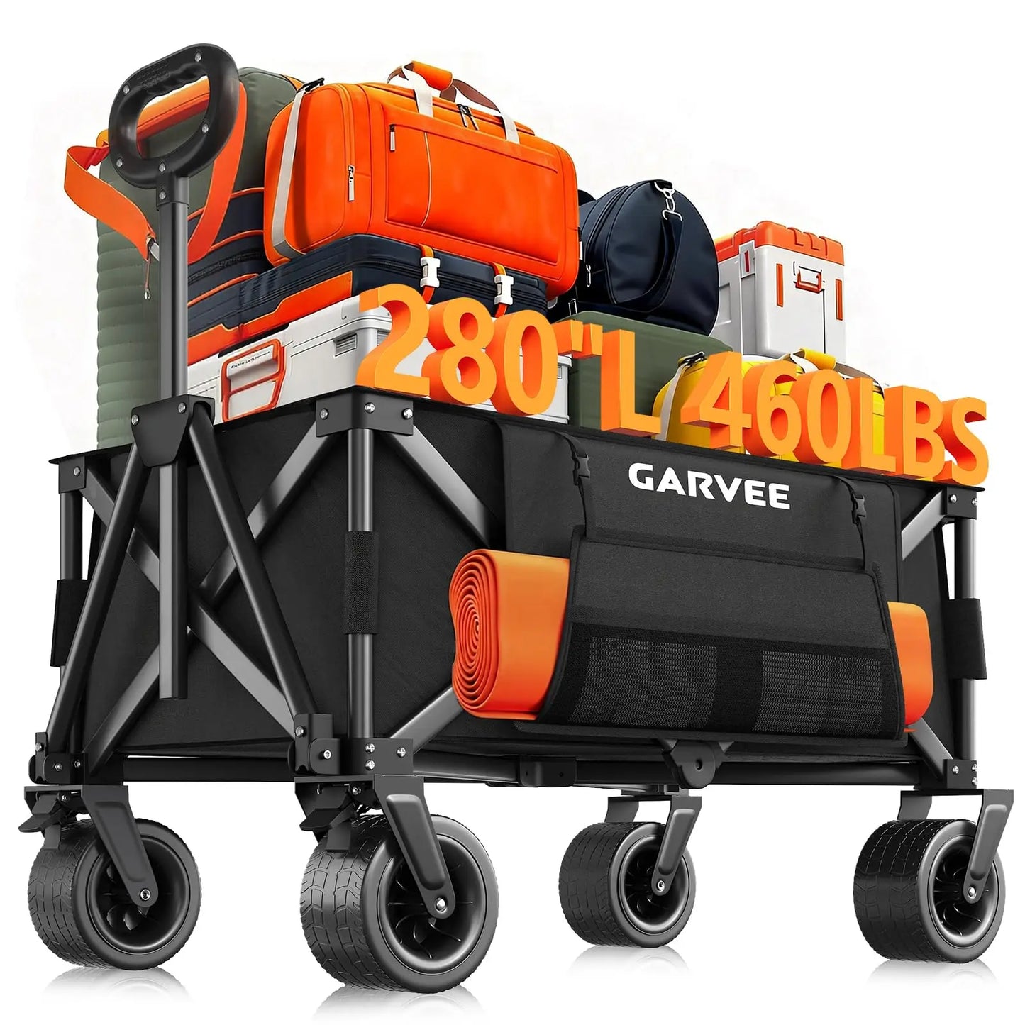 Heavy Duty Foldable Wagon Cart 460lbs 280L With Wide All-Terrain Wheels, Brakes, Cover & Strap For Shopping Camping