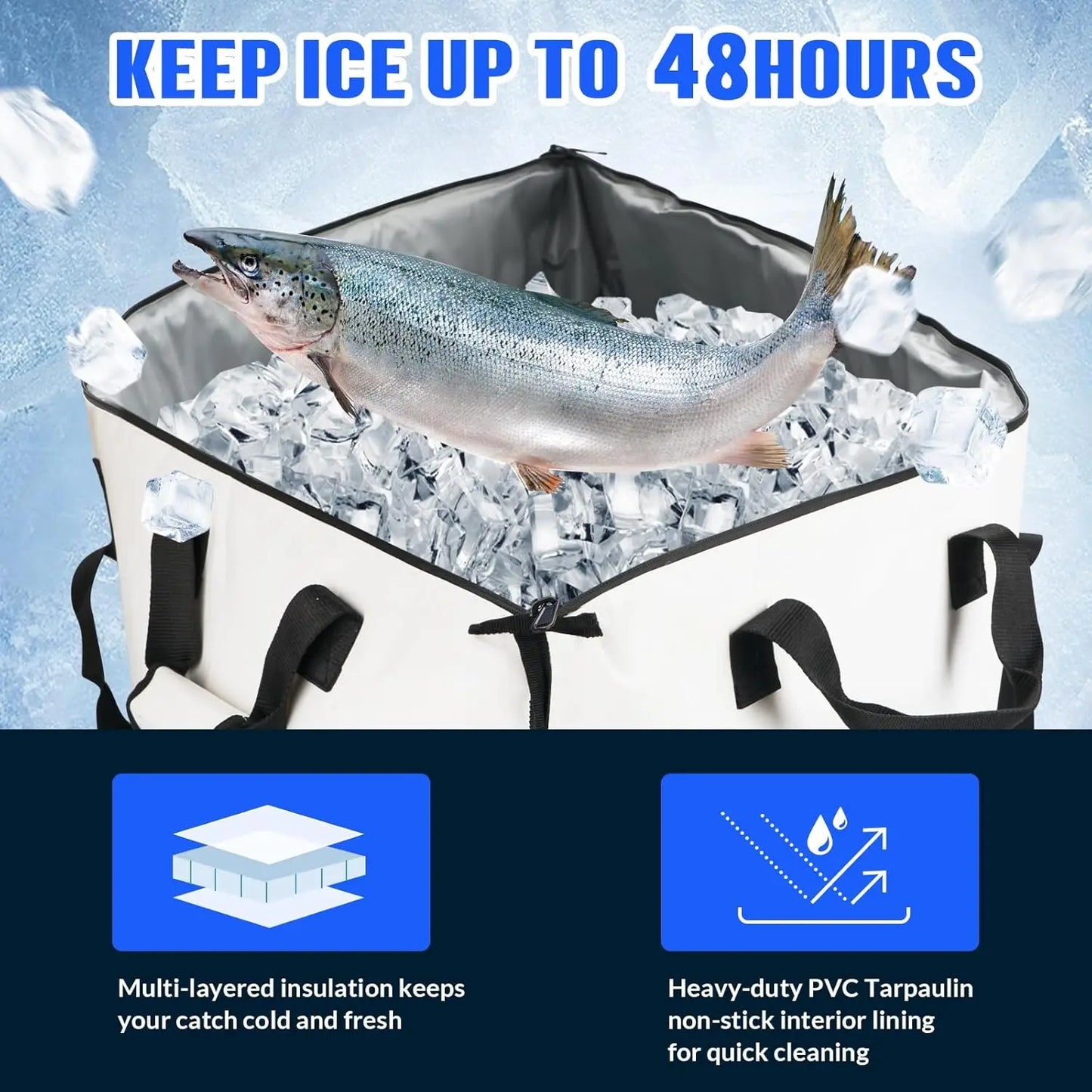 Insulated Fish Cooler Bag 60x20x9in, Waterproof Fishing Kill Bag with Smooth Zipper, Keeps Ice-Cold & Fresh Over 48H