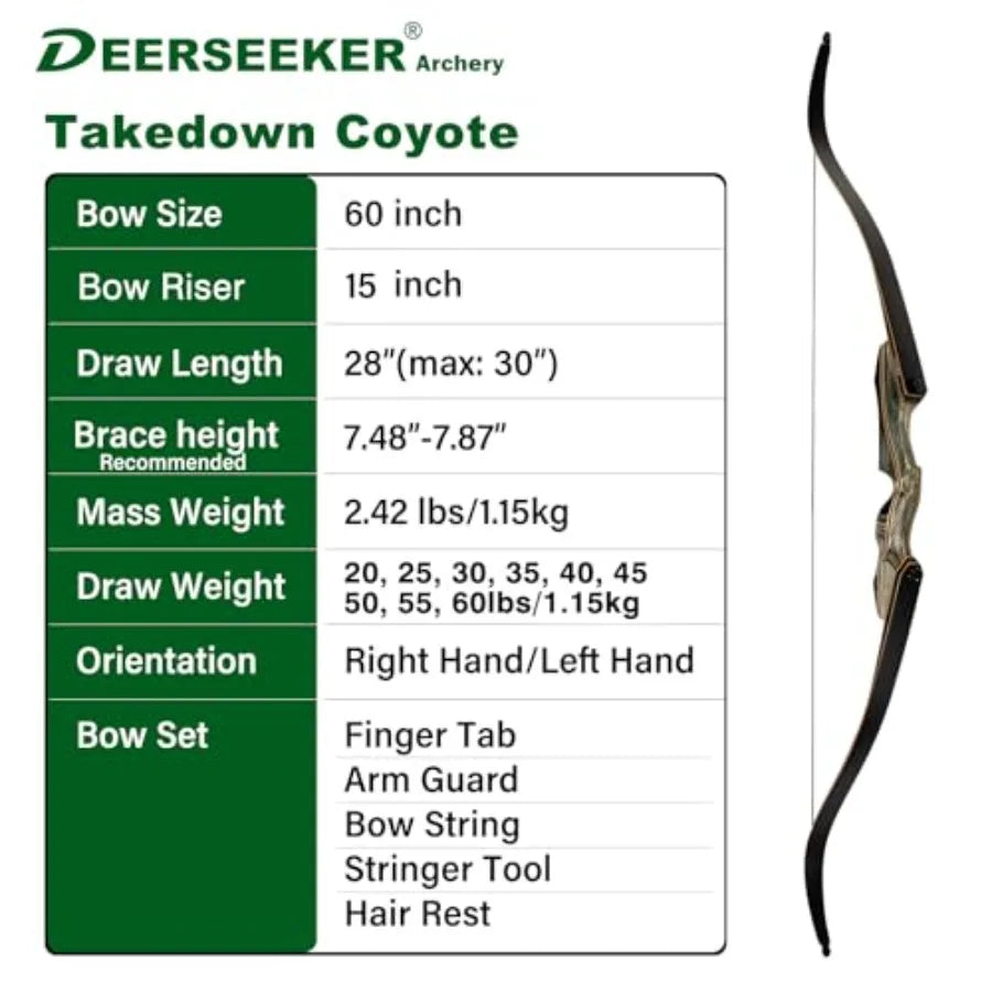 60 Takedown Recurve Bow Set Traditional Wooden Bow with Laminated Limbs Right Left Hand for Adults Youth Archery Hunting Target
