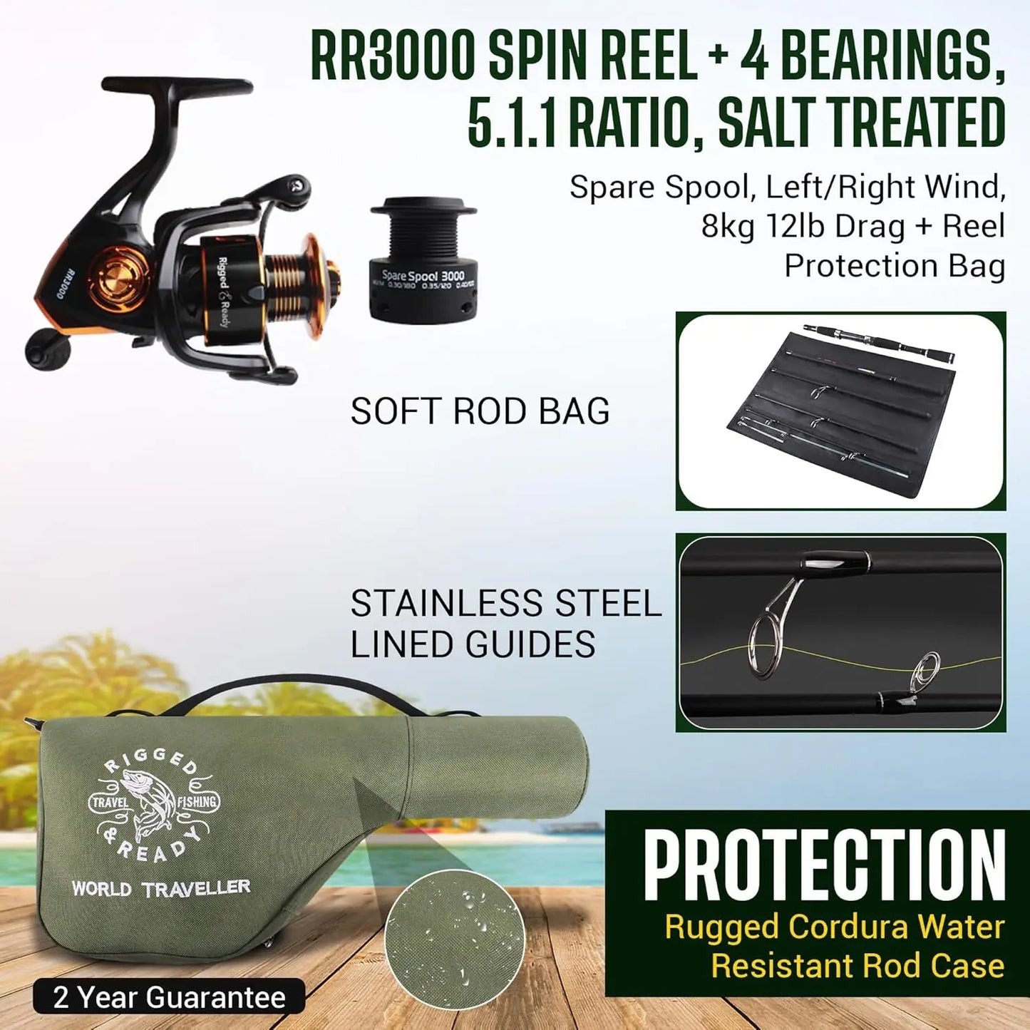 Super Compact Travel Fishing Rod and Reel Combo - 7ft Spinning Rod, 4 Tips, Saltwater Freshwater, Carry Case