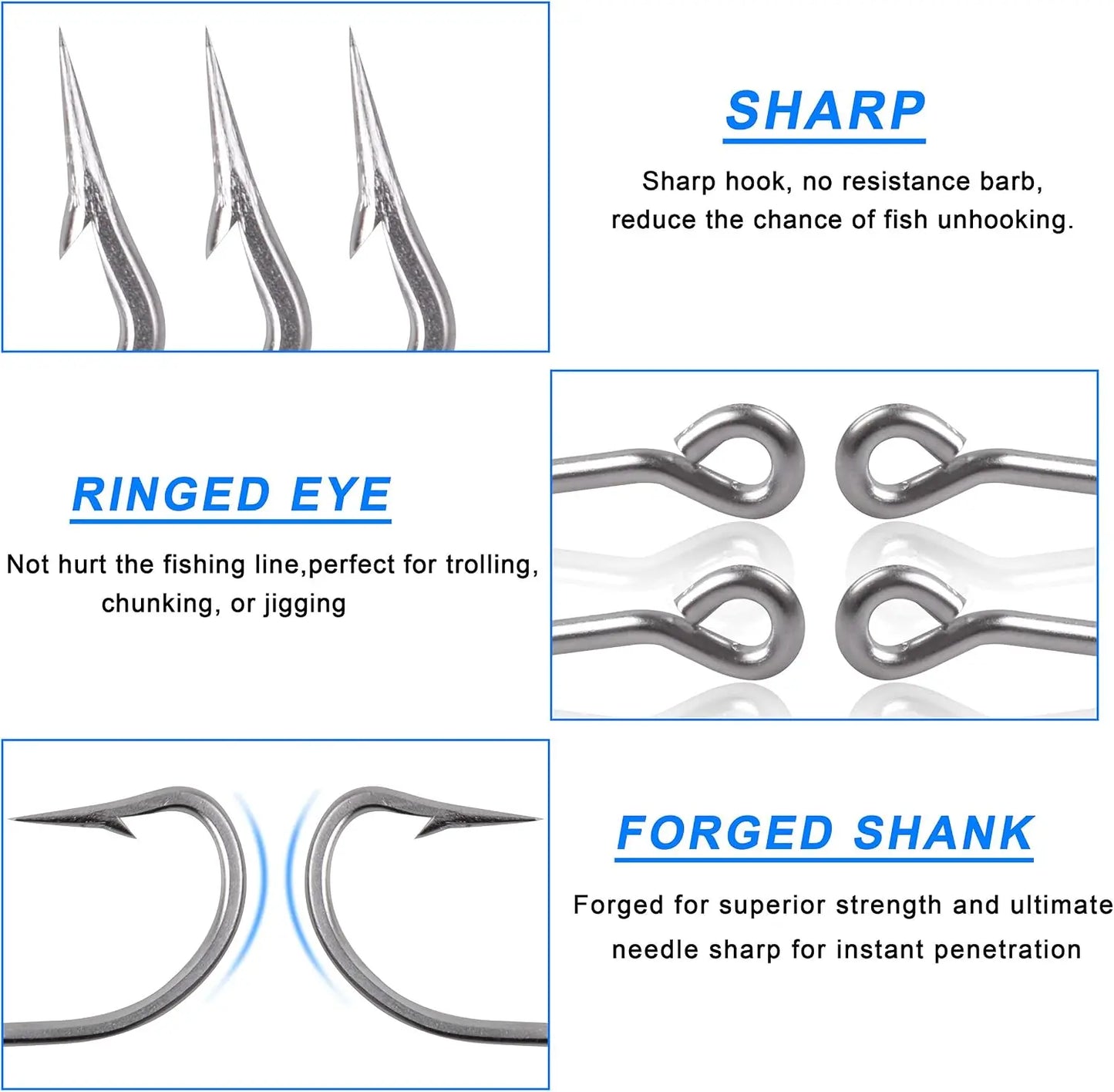 Saltwater Fishing J Hooks Kit,110pcs Forged Hooks Long Shank Stainless Steel J Fishing Hooks Set Trolling Sea Bass Fishhooks for Saltwater Freshwater