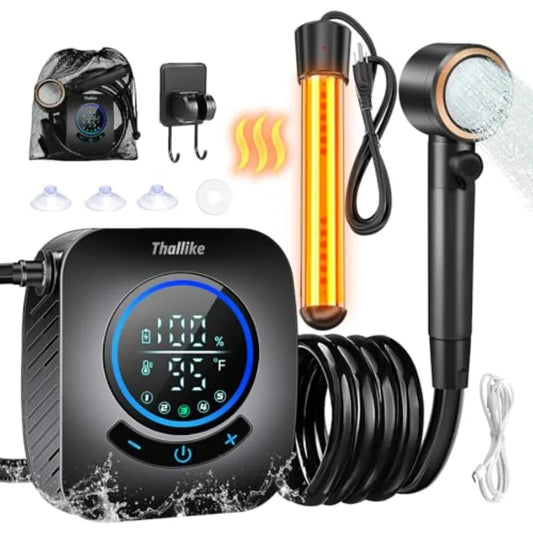 Upgraded Portable Shower with Heater 1500W Immersion Heated 8000mAh Rechargeable Camping Shower Pump with LED Display IPX8 Wate