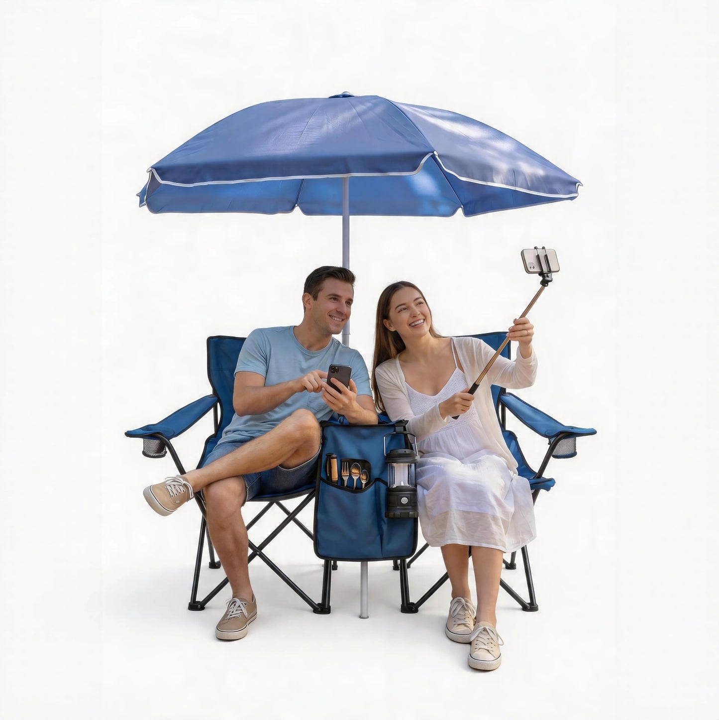 Portable Folding 2-Person Beach Chair Set with Tilt Umbrella and Insulated Cooler for Camping Picnic