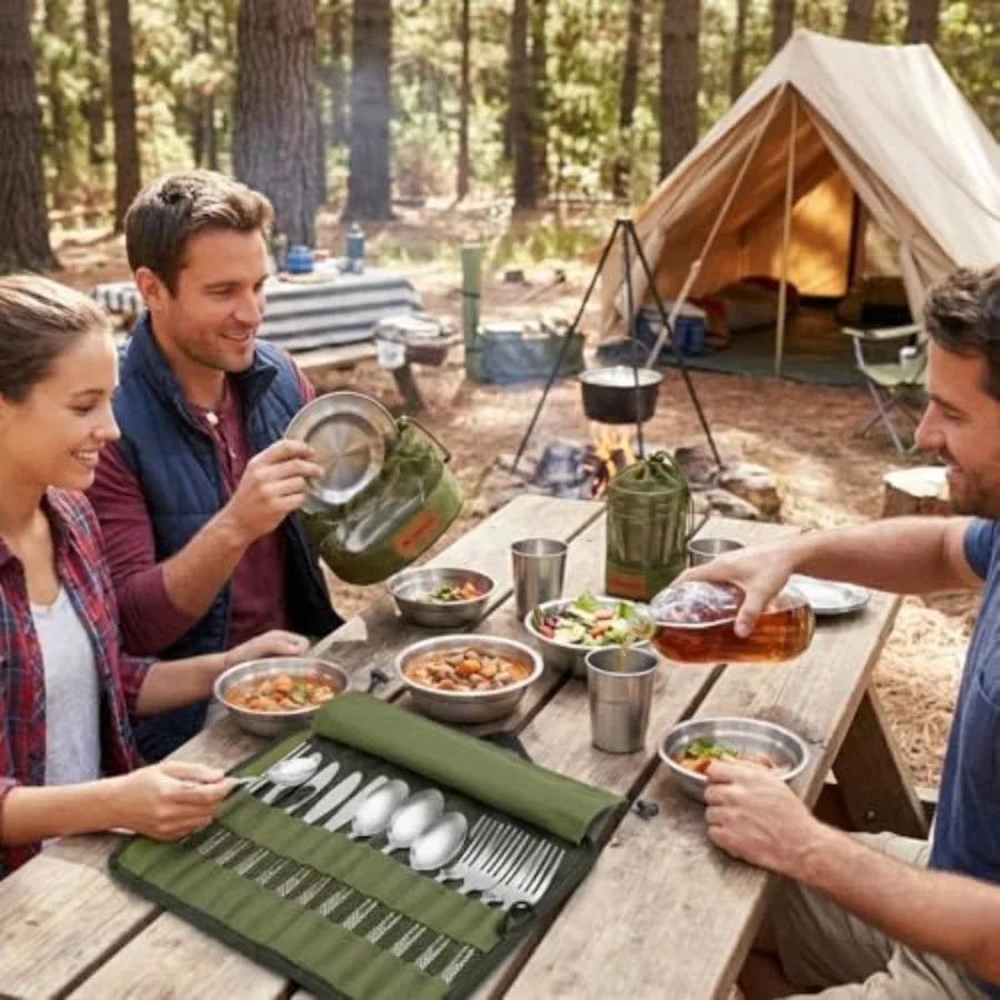 Unique Complete Messware Kit Polished Stainless Steel Dishes Set Tableware Dinnerware Camping Buffet Includes - Cups Plates Bow