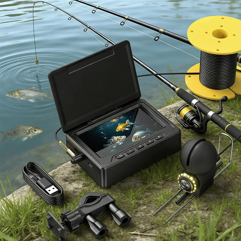 Underwater fishing camera, 1080P HD, portable fish finder equipped with a 4.3-inch LCD screen and infrared night vision light, suitable for fishing on ice lakes, boats, and kayaks.